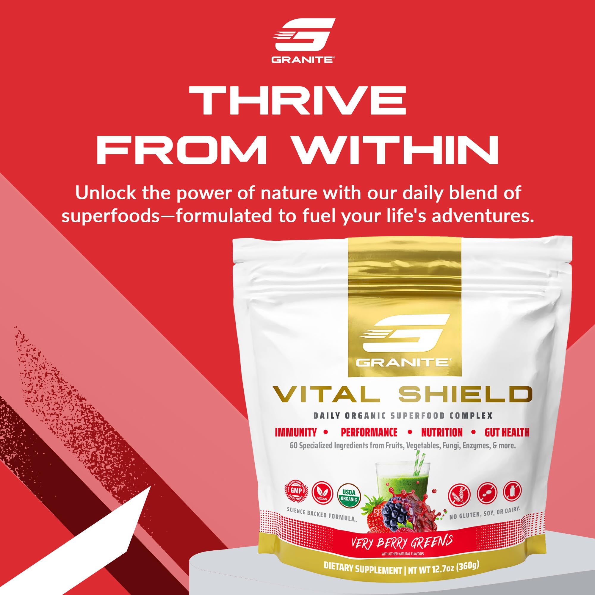 (inv) Granite Nutrition Vital Shield - USDA Organic Superfood Greens with Mushrooms & Tart Cherry for Energy, Immunity & Gut Health - Very Berry (30 Servings)