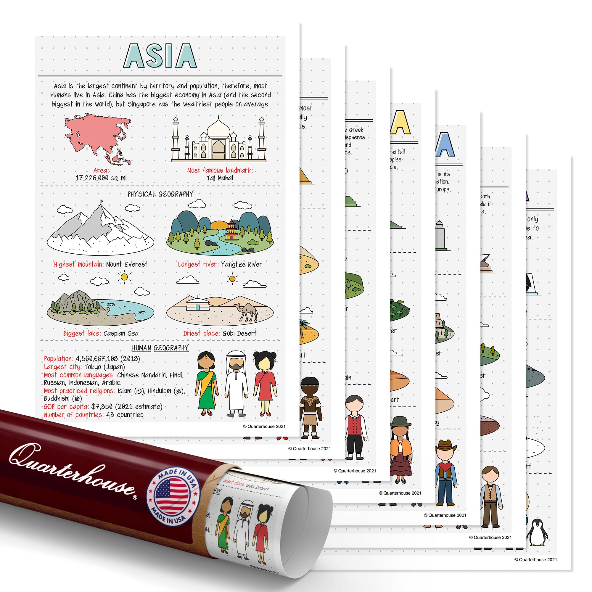Quarterhouse 7 Poster Seven Continents Set, Social Studies Classroom Learning Materials for K-12 Students and Teachers, 12 x 18 Inches, Made in USA