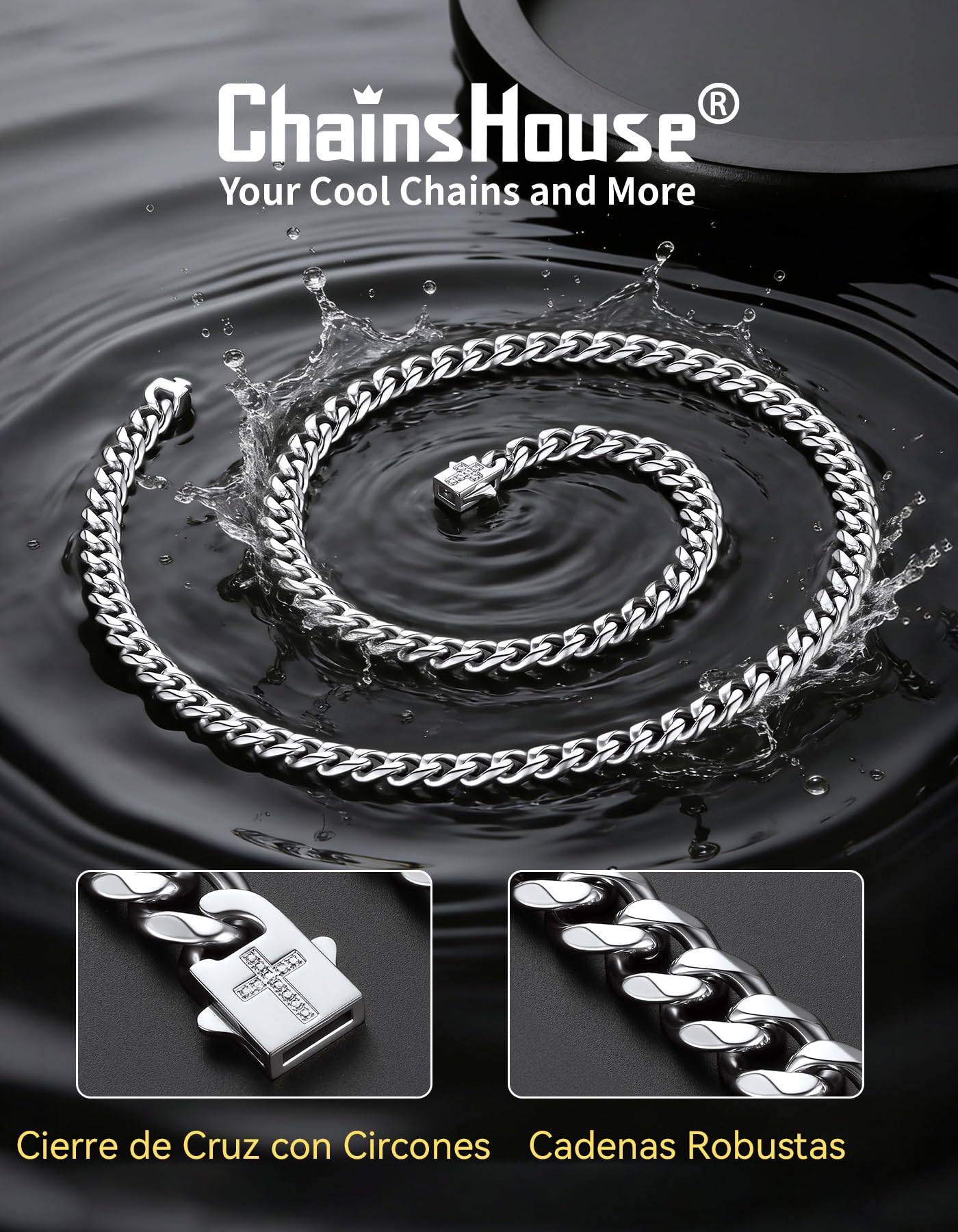 ChainsHouse Collar Colgante Cruz Hombre Cadenas Cubanas Acero Inoxidable Cierre Clip con Crucifijo Impermeable, 46cm -61cm Largo 6mm Ancho, Joyero Incluido