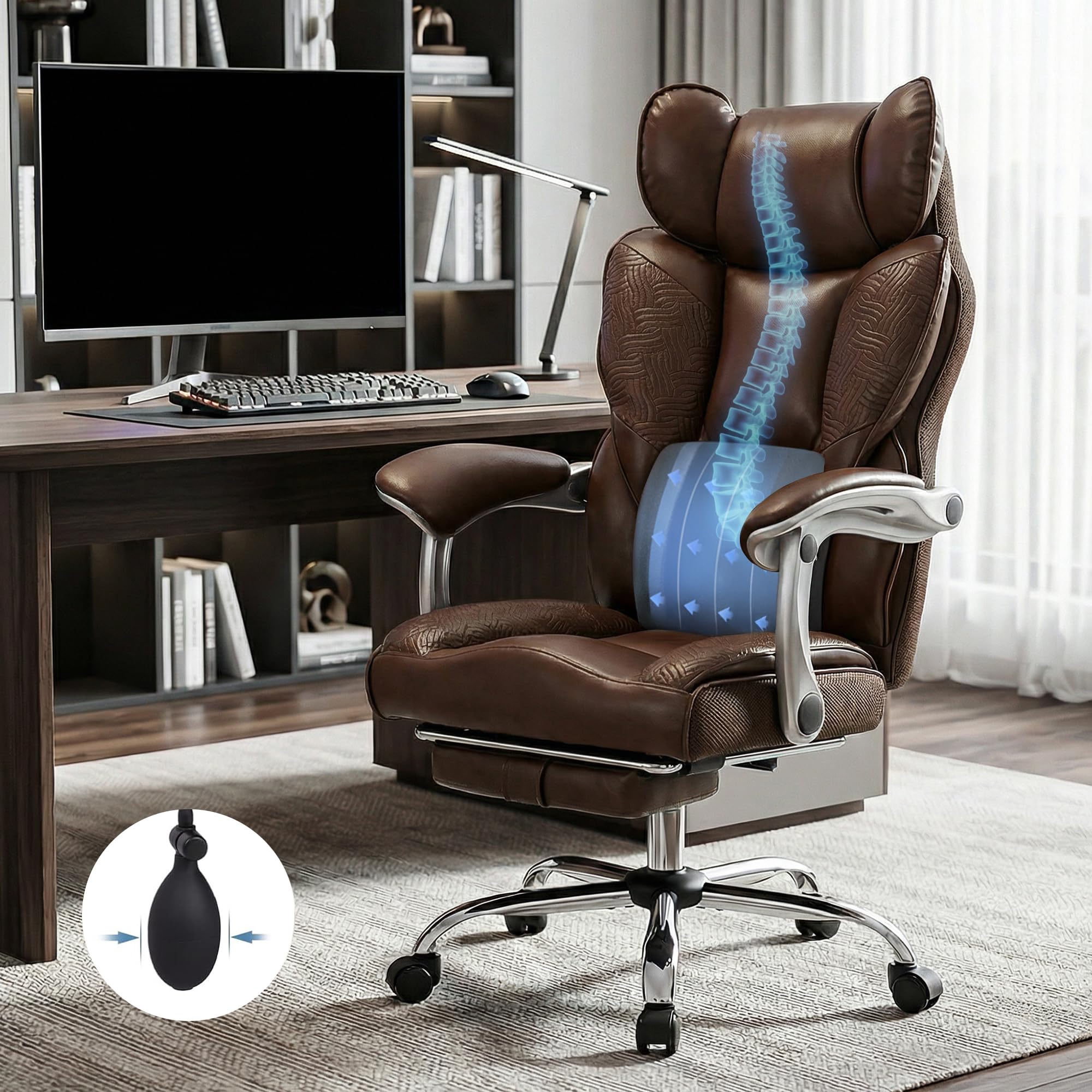 DROGO Emperium Office Chair for Work from Home 400LBS | Ergonomic Executive Boss Chair with PU Leather,High Back, Spacious Cushion Seat & Pumping Lumbar Support | Premium Metal Base & Footrest (Brown)