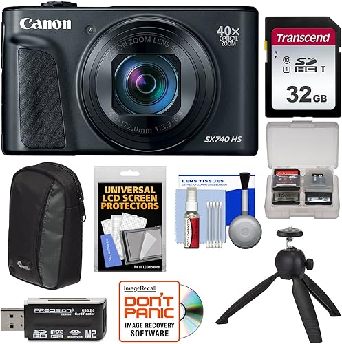 Canon PowerShot SX740 HS Wi-Fi 4K Cámara digital (negro) con tarjeta de 32 GB + estuche + trípode + kit (renovado)