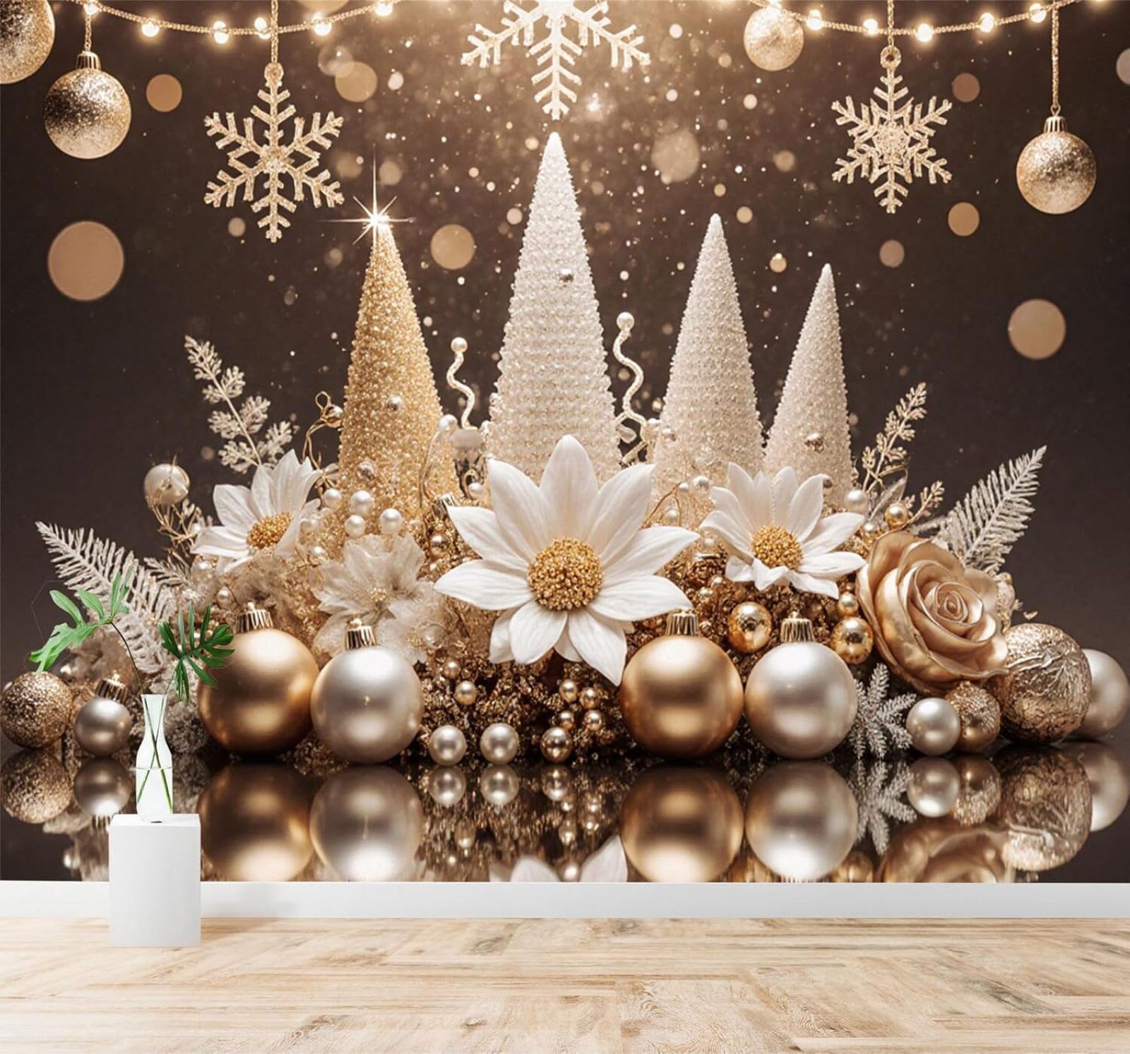 XLMING Elegant Golden Pearls Flowers Snowflakes 3D Wallpaper Premium Textured Silk Study Dining Living Room Bedroom Sofa TV Wall Easy Install-150cm×105cm