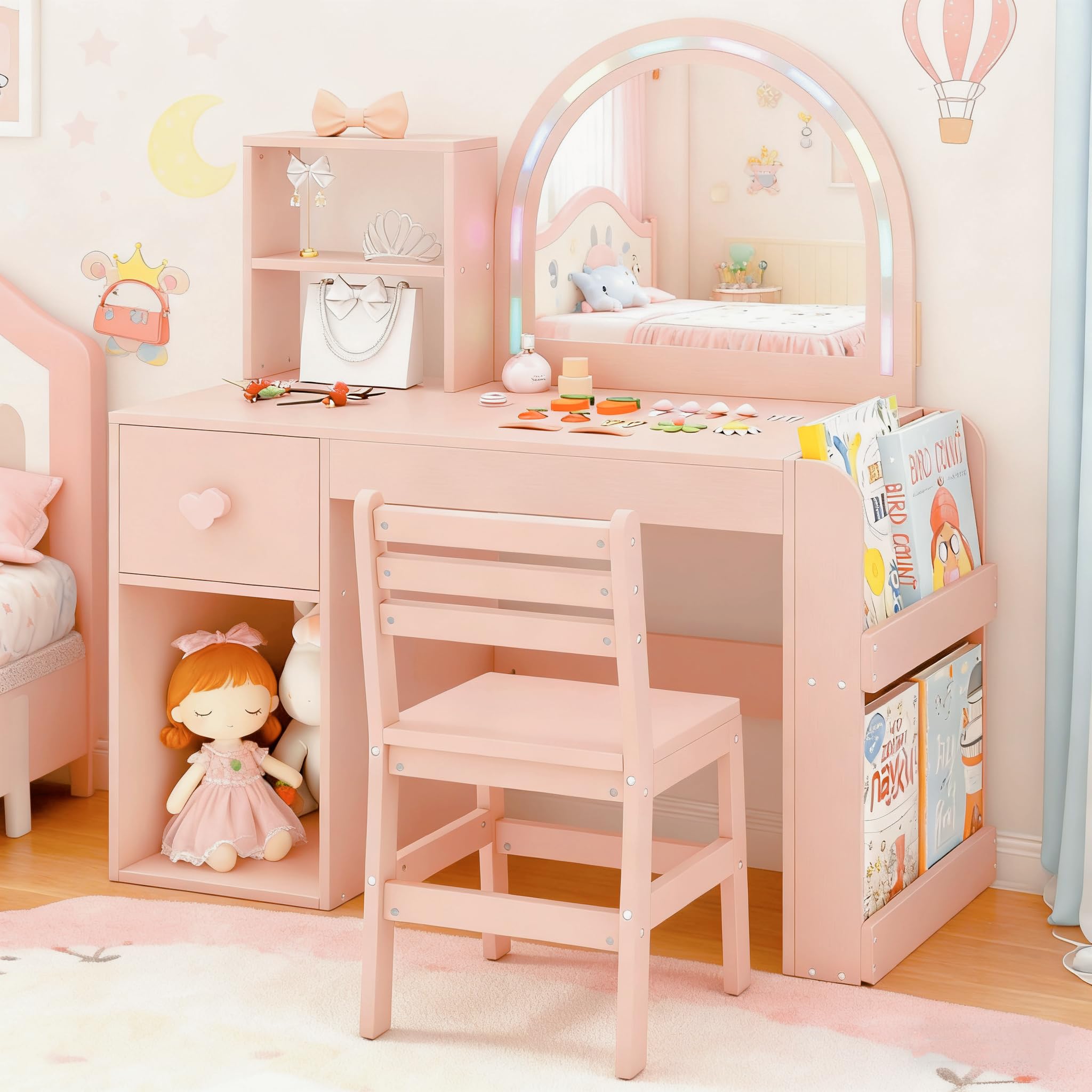 LIFEZEAL Ensemble de Coiffeuse 2 en 1 pour Enfants, Coiffeuse Princesse avec Miroir LED et Tabouret, Coiffeuse en Bois avec tiroir et étagère, Ensemble de Coiffeuse pour Filles 3 Ans et Plus (Rose)