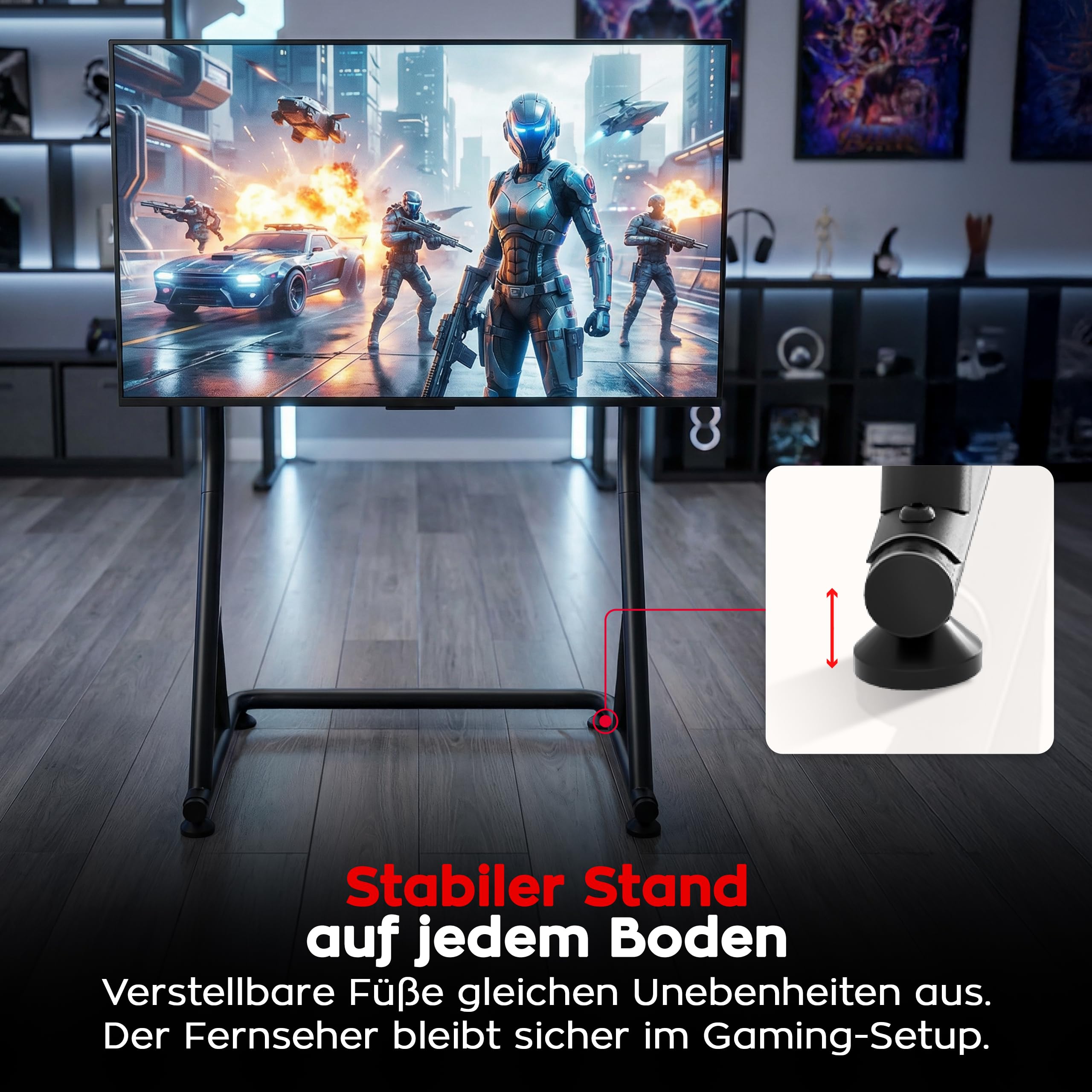 huzaro Speed 9.1 - Simracing Monitor Stand TV Stand Ständer Bodenständer - VESA 75x75, 100x100, 200x100, 200x200, 300x200, 400x200 mm - für 32 bis 55 Zoll - bis zu 50kg - Höhenverstellbar - Schwarz