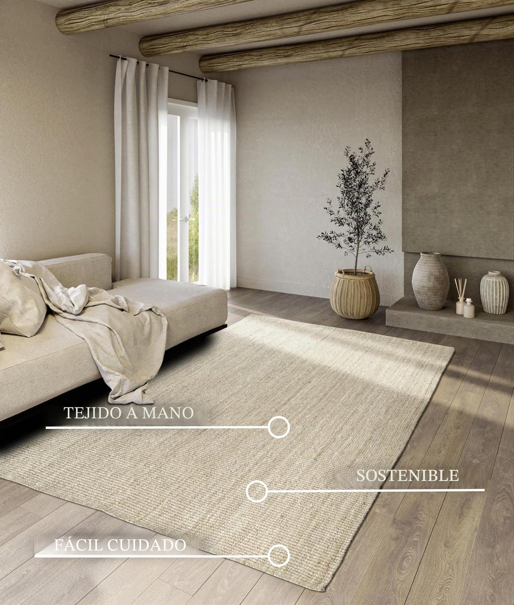 Villeroy & Boch Alfombra de Yute Rosalie - Natural, Tejida a Mano y Ecológica - Estilo Boho para Salón, Dormitorio, Comedor - Color