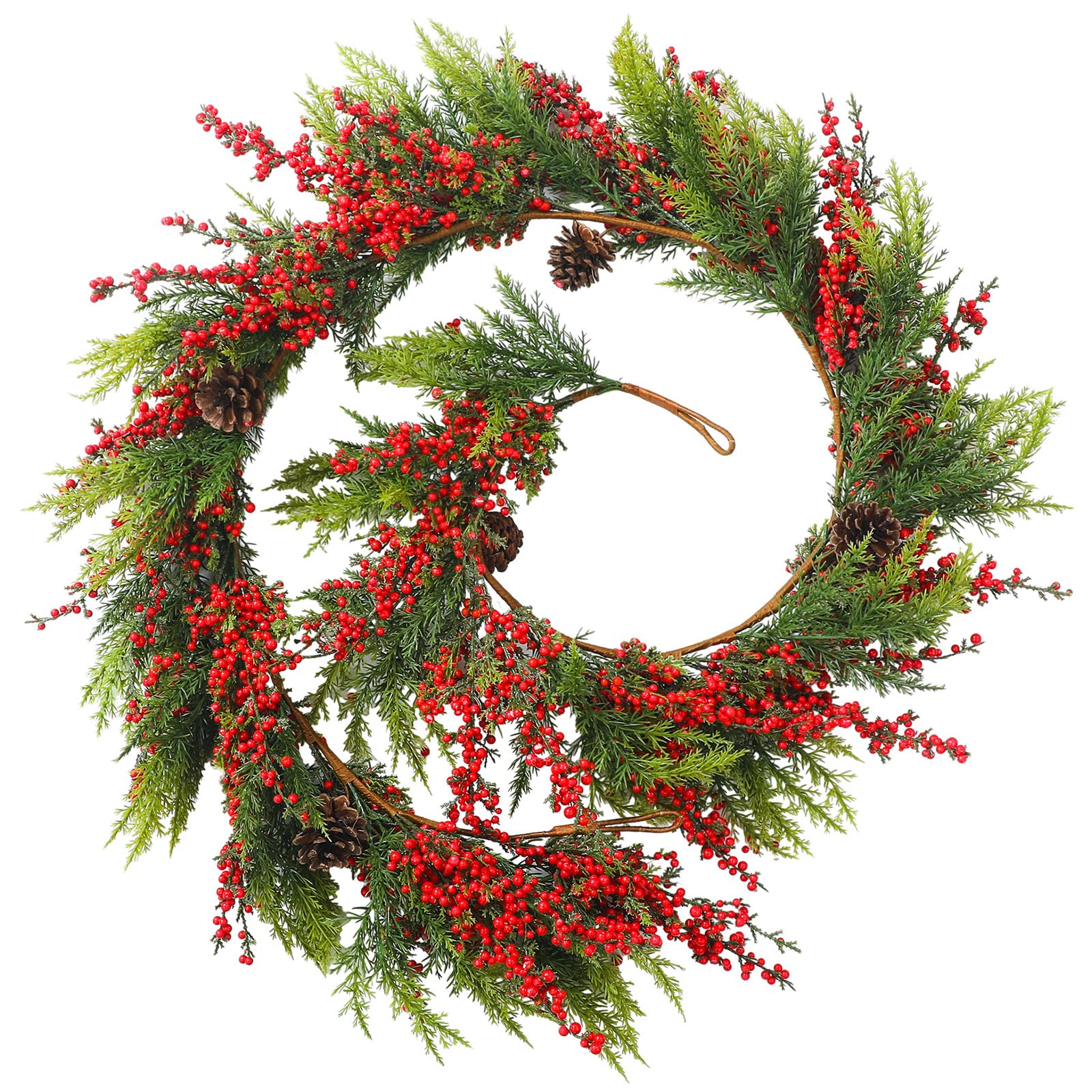Christmas Garlands Norfolk Pine Garland with Red Berries Pine Cones Christmas Artificial Cedar Greenery Garland for Winter Xmas Holiday Wedding Mantle Fireplace Home Decor(6 Feet)