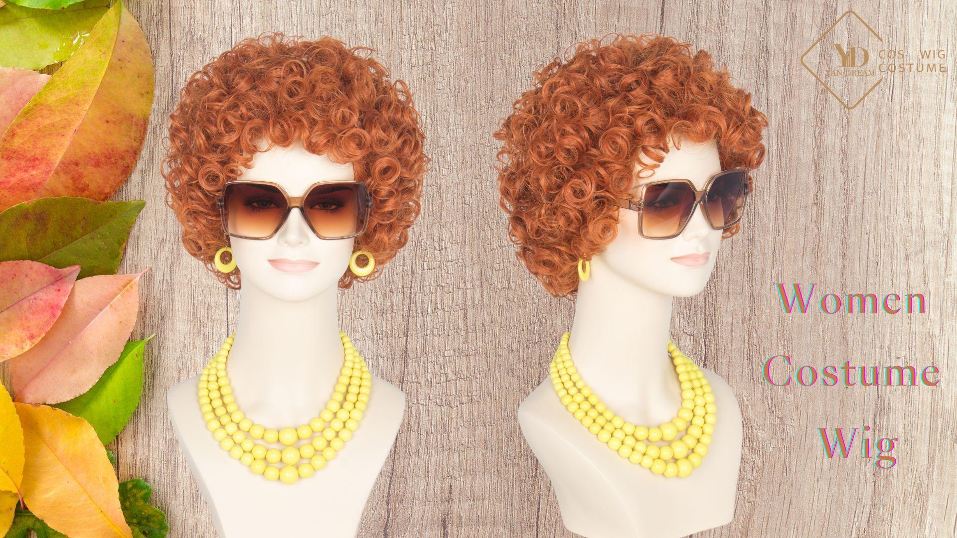 Mrs. Roper Curly Orange Red Cosplay Wig With Accessories | Halloween Costume Wig For Women With Sunglasses & Jewelry