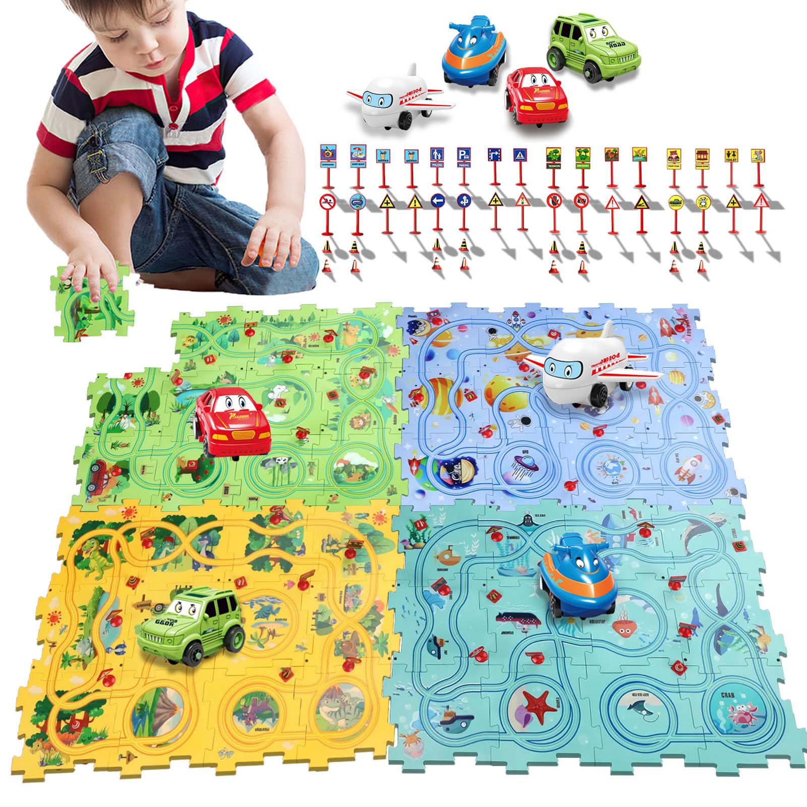 Puzzle Racer Kids Car Track Set with Cars Puzzle Racer Car Track Set for 3-8 Year Old Best Holidays&Birthday Gifts for Kids (25PCS 4in1)