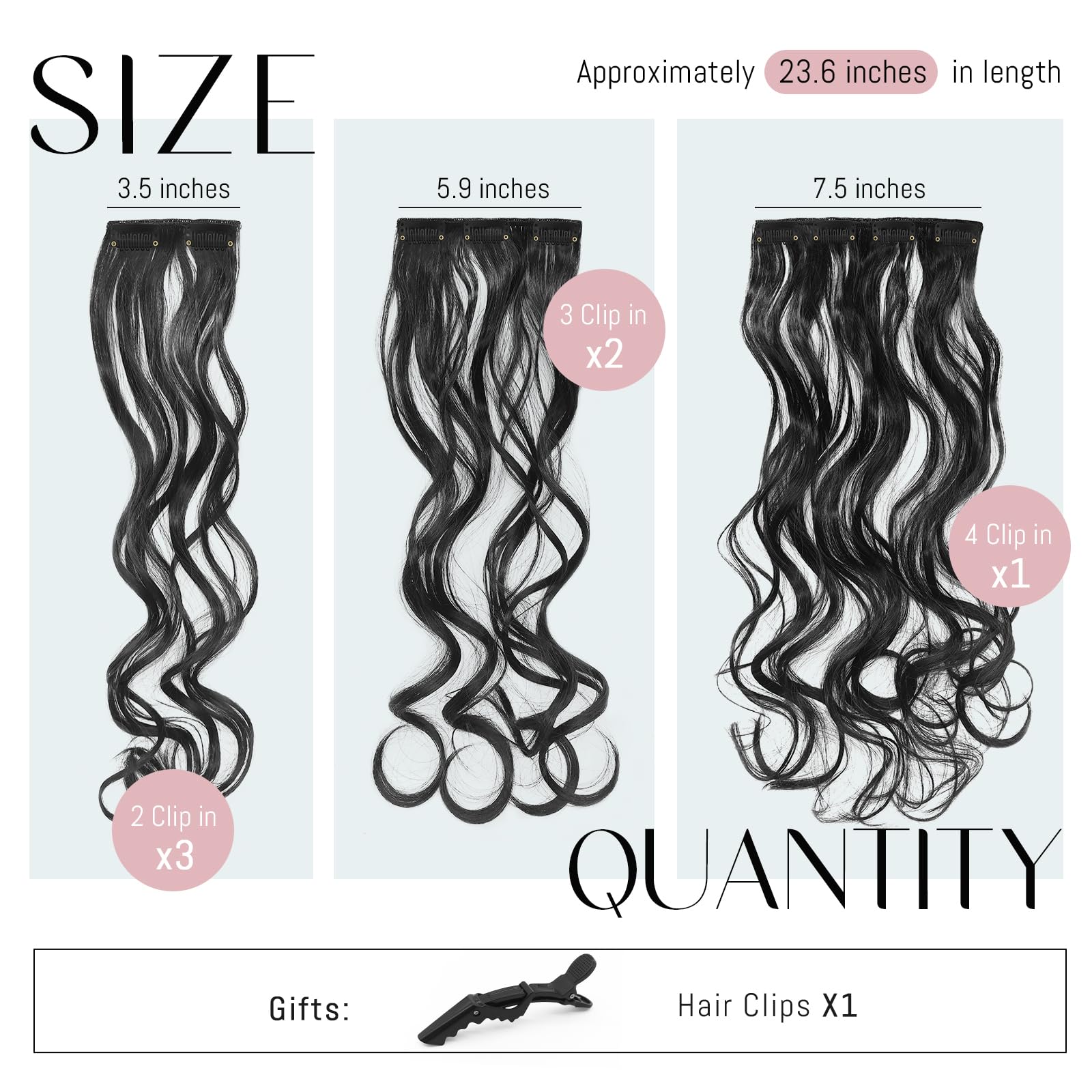 Z-CHARMMY Wavy Hair Extensions Clip Ins, Black Long Hairpieces for Women, Curly Clip-on Extensions, 6 Pieces