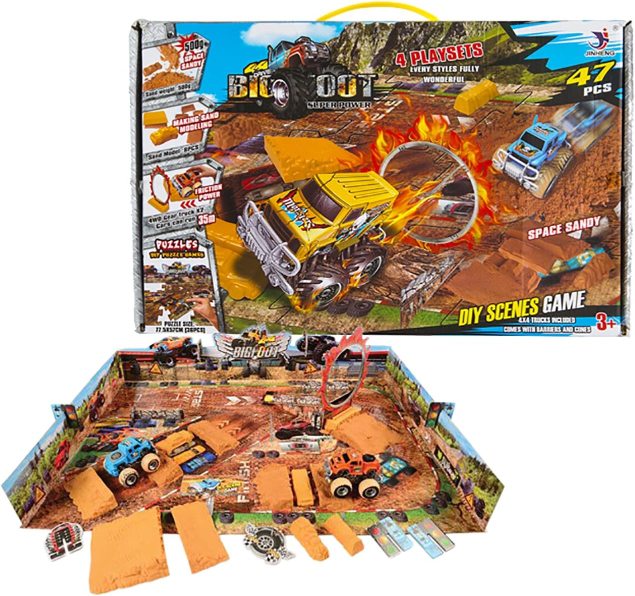 4 x 4 Monster Truck Playset with Sand, 2 Friction Powered Monster Trucks and 36 Piece Super Stunt Stadium Puzzle