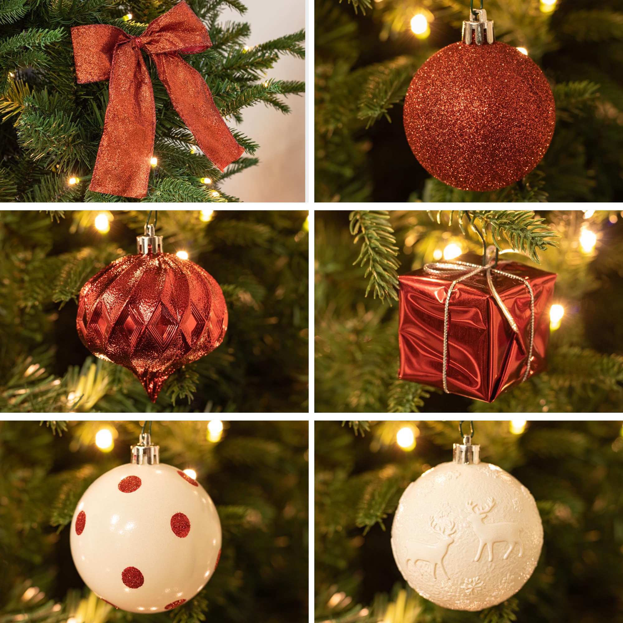 105 pièces Ornements d'arbre de Noël Ensemble de Boules Rouge et Blanches Complet en Plastique Anti - bris Inclus Couronne Boule Flocon de Neige étoile Sapin cône Perle Guirlande