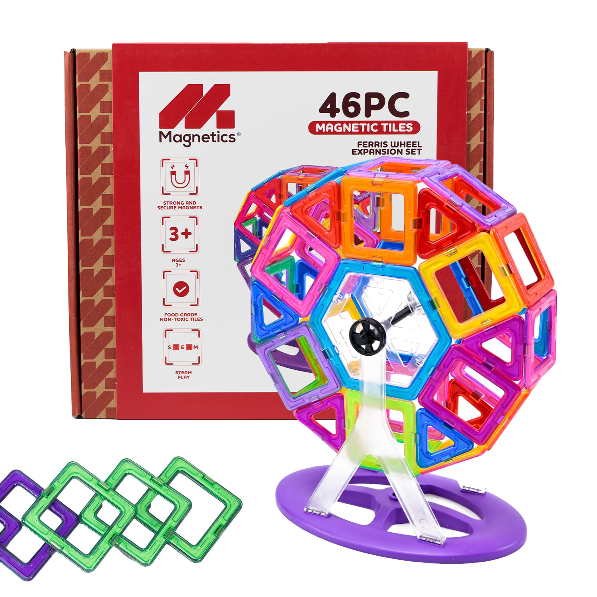 Leftfield Toys Magnetics | Magnetic Tile Ferris Wheel | 46 Piece Building Set with Spinning Base - Educational Construction Toy for Children Ages 3+ years