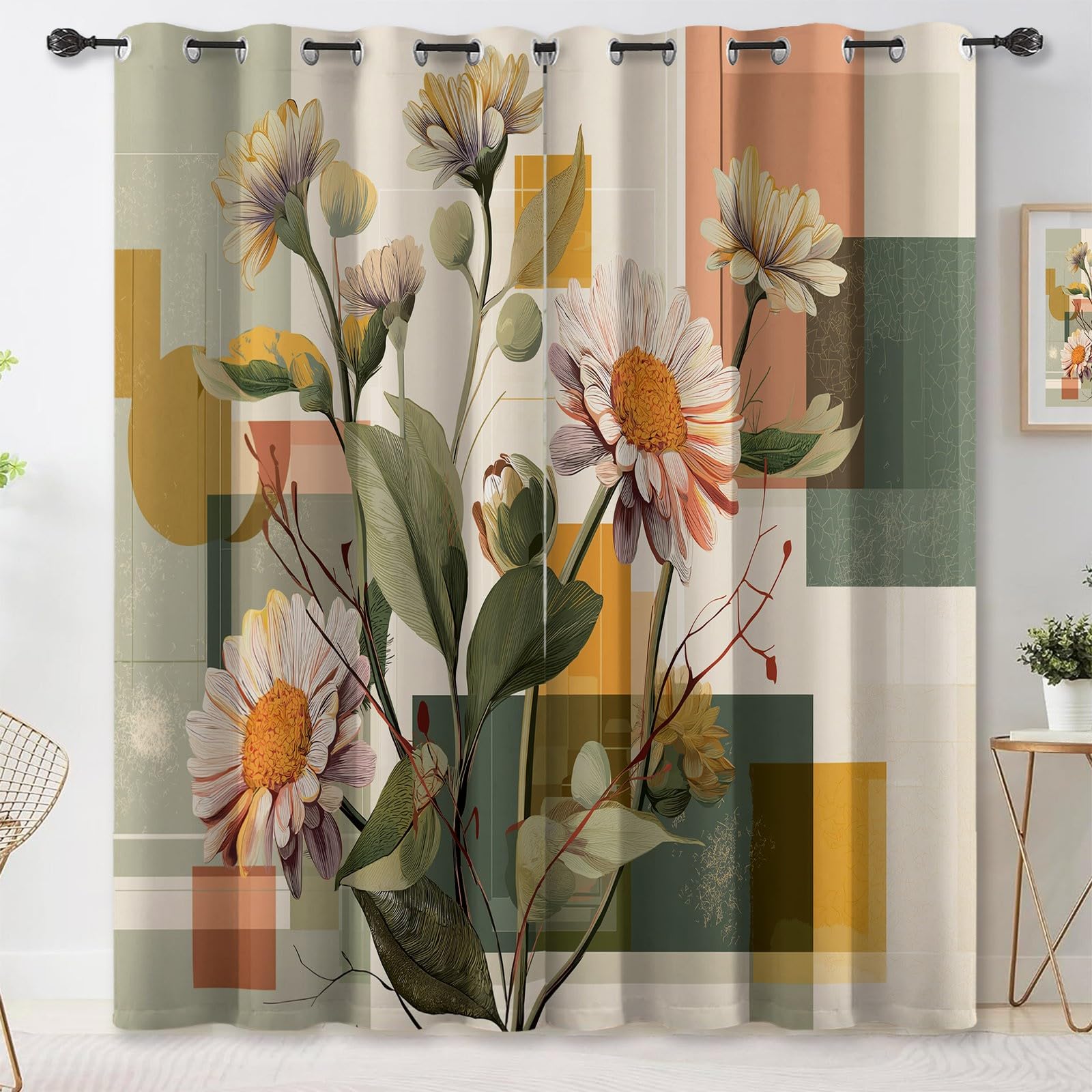 Rideaux Isolants 110L X 215H cm (2 Panneaux), Design Géométrie Abstraite Marguerite Tenture Opaque Anti-Chaleur pour Chambre Principale, Coloré