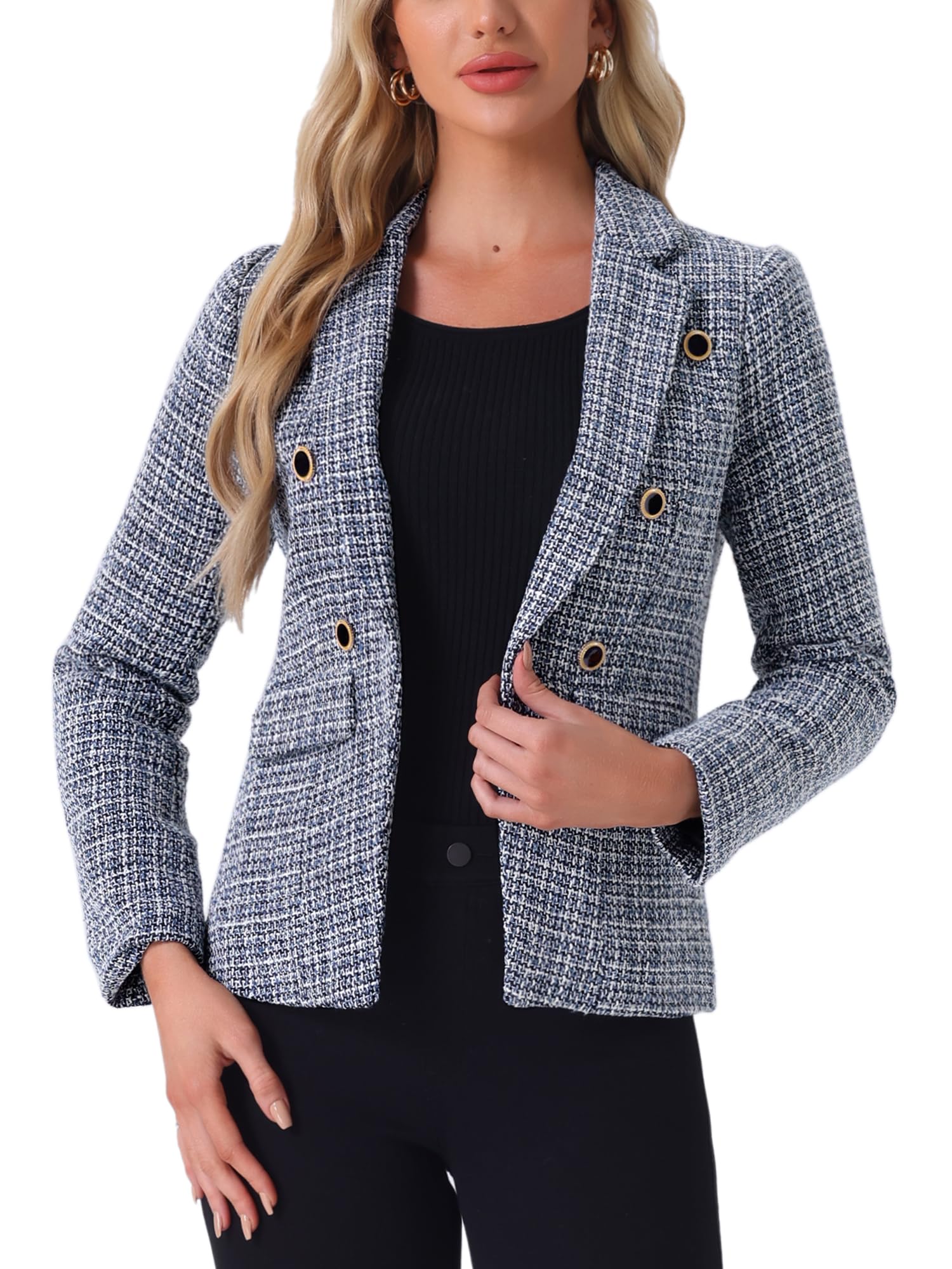 Allegra K Women's Tweed Jacket Plaid Blazer Long Sleeve Elegant Work Open Front Tweed Blazer Jackets, Blue Black, M
