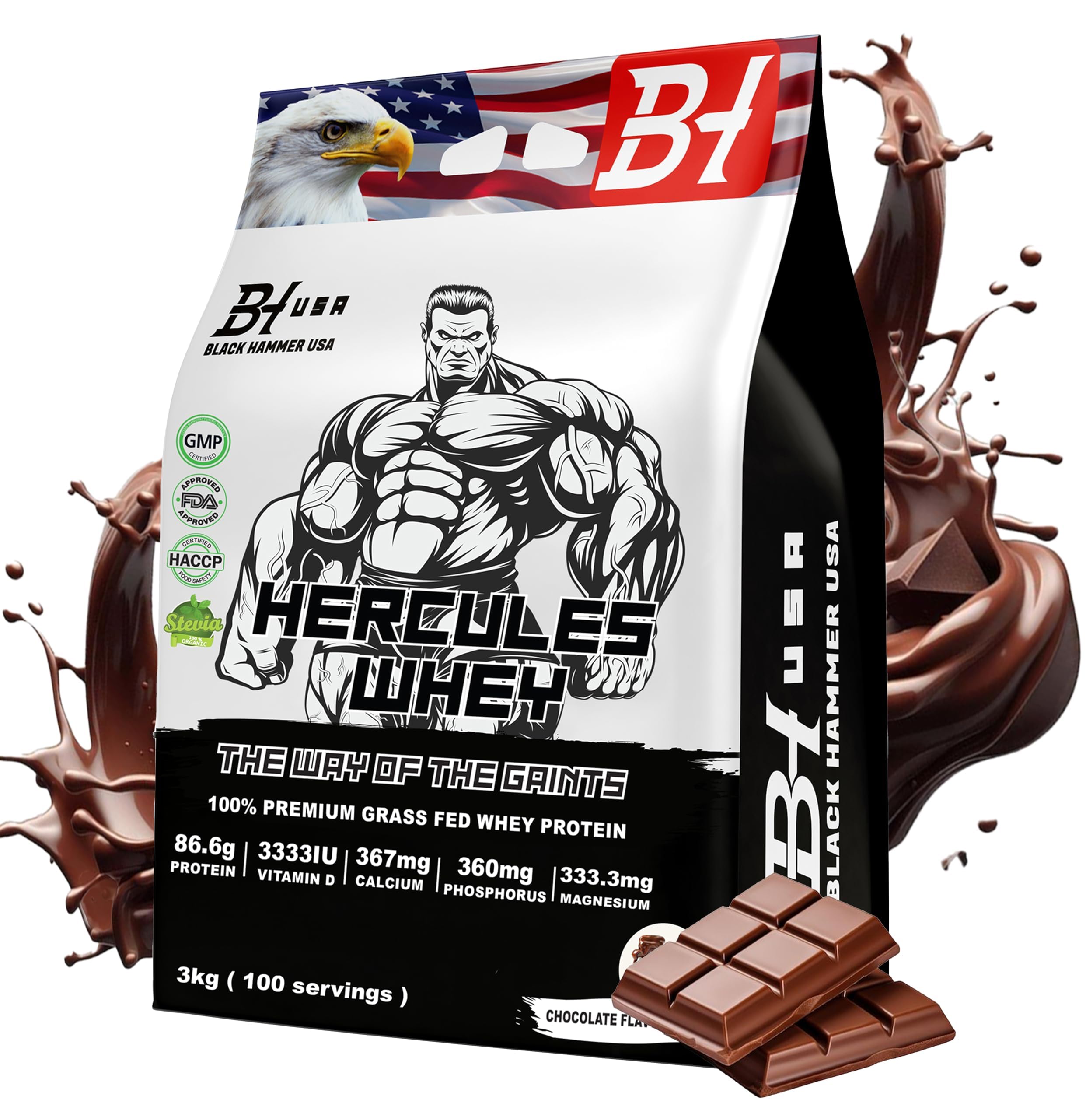 2-Pack Hercules Whey Protein 3KG Chocolate + Free Nano Creatine Apfel | 26g Protein per Serving | 200 Servings Total | Muscle Growth & Recovery | Black Hammer USA