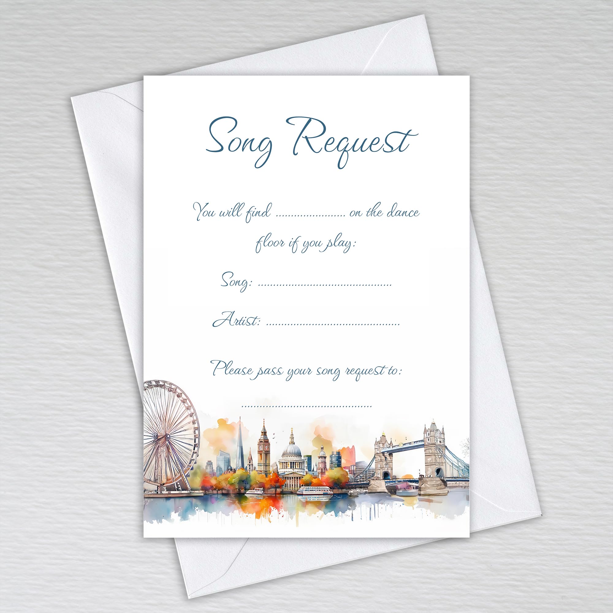 Webspectations London Themed Song Request Cards with Envelopes: Watercolour UK British English City of London Skyline DJ Song Request Cards (Pack of 50 with Envelopes)