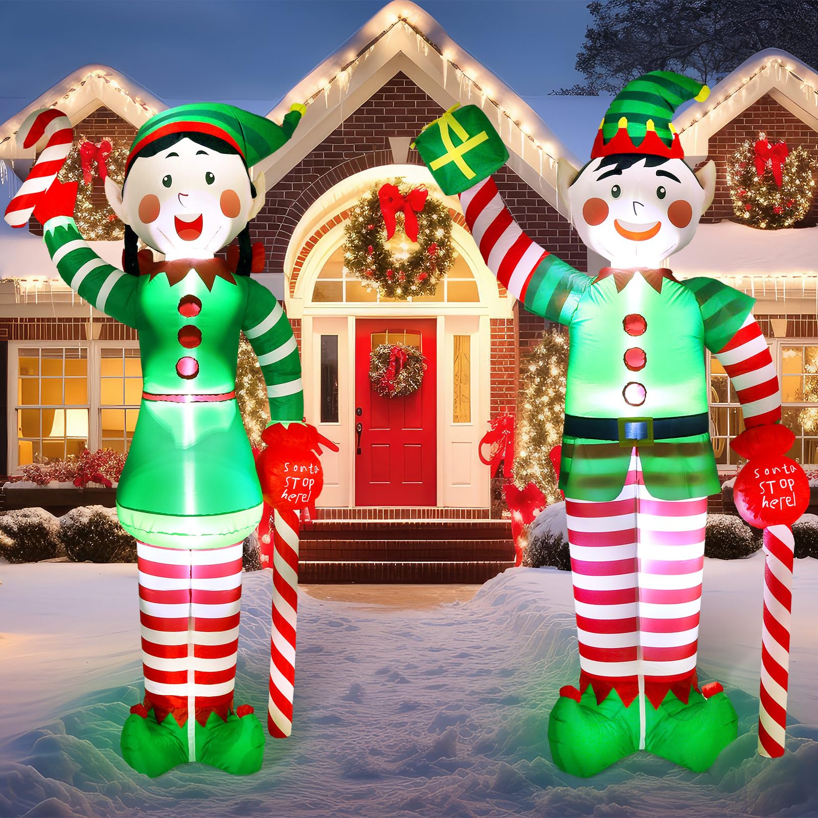 Bencailor 2 pezzi 2,4 m gonfiabili natalizi elfo decorazione esterna Natale soffiare cortile decorazione gonfiabili elfo decorazione esterna holding bastoncino di zucchero costruito in luci LED per