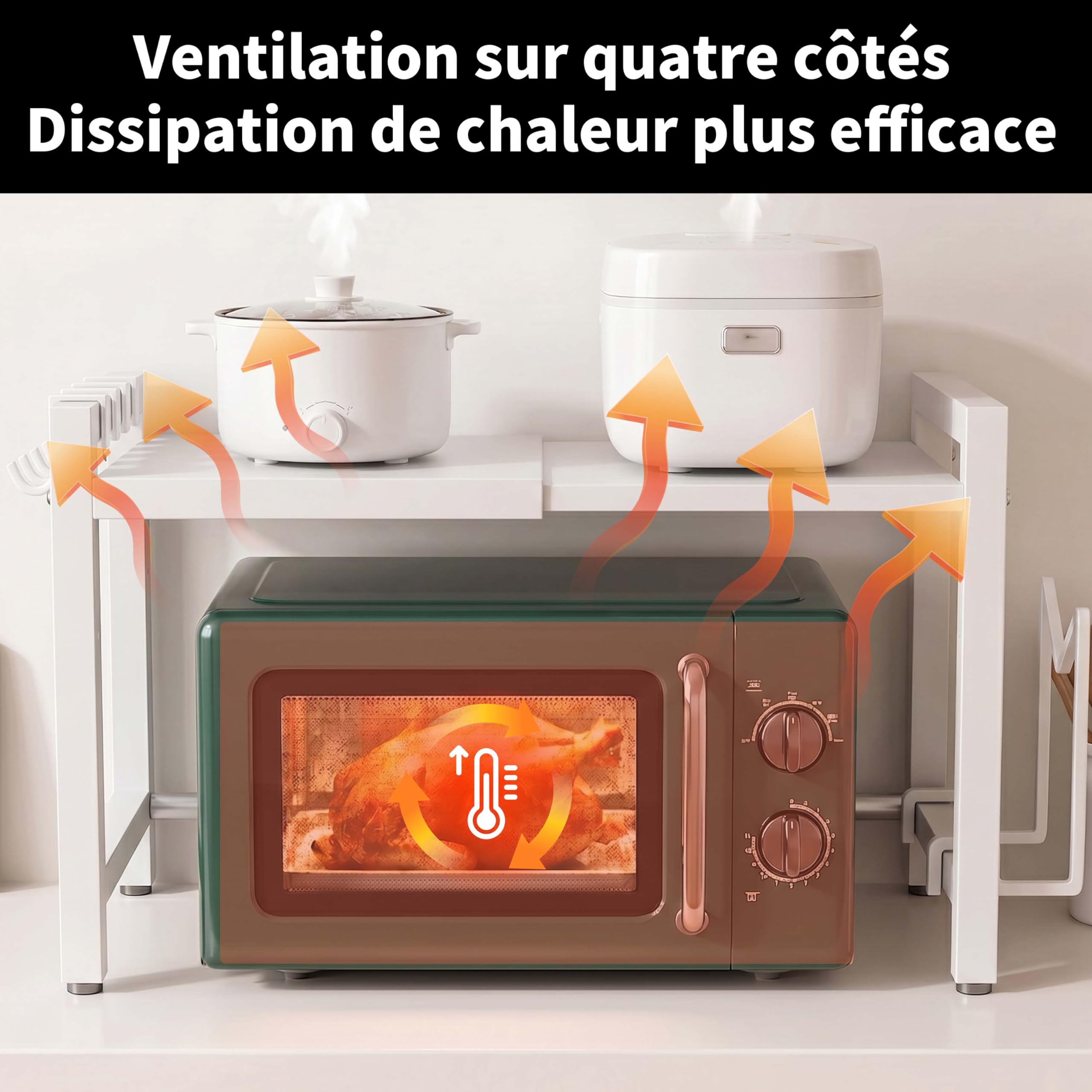 Étagère Extensible à 3 Niveaux pour Micro-Ondes,Métal Four à Micro-Étagère pour Micro,support pour four,Salle à Manger avec Crochets,pour Micro Ondes pour comptoir de Cuisine (Blanc TL3, 2 Niveaux)