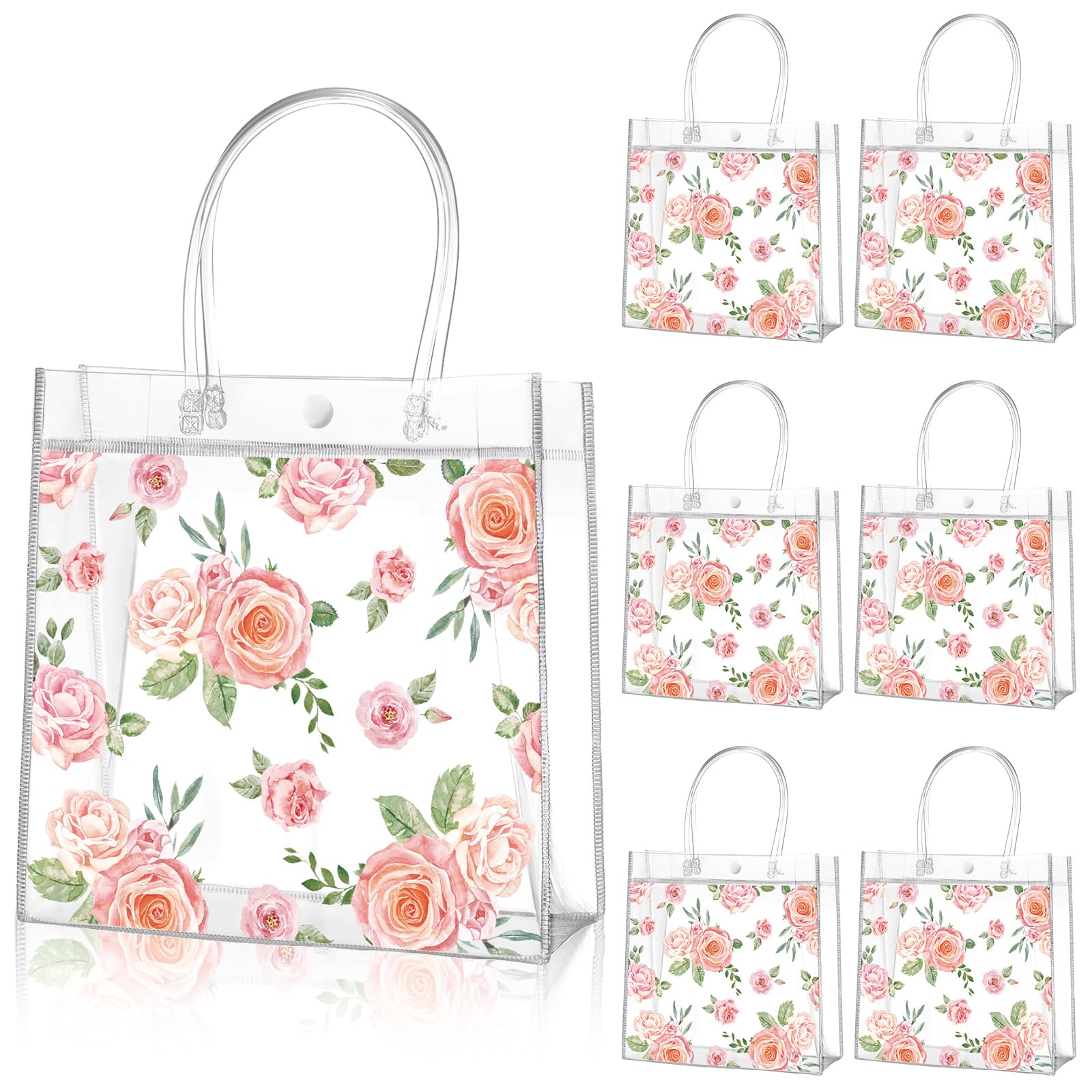 Aliceset 20 Pcs Mother's Day Clear Floral Gift Bags with Handles Flower Rose Party Goodie PVC Treat Bags for Tea Party Baby Shower Birthday Bridal