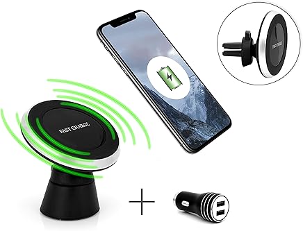 MyGadget Cargador Qi Inal?mbrico de Coche - Soporte magn?tico para Galaxy S9 S8 Apple iPhone X XR XS MAX - Carga Wireless Agarre Doble con Cable y Adaptador