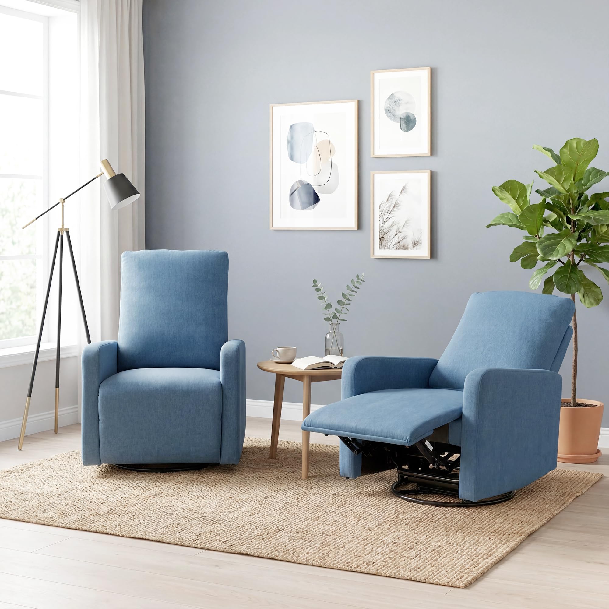 HOMCOM Poltrona Relax Reclinabile Manuale con Poggiapiedi, Seduta Ampia, Poltroncina Imbottita Girevole con Funzione Dondolo, in Tessuto Effetto Lino per Soggiorno e Salotto, 76x94x100 cm, Blu