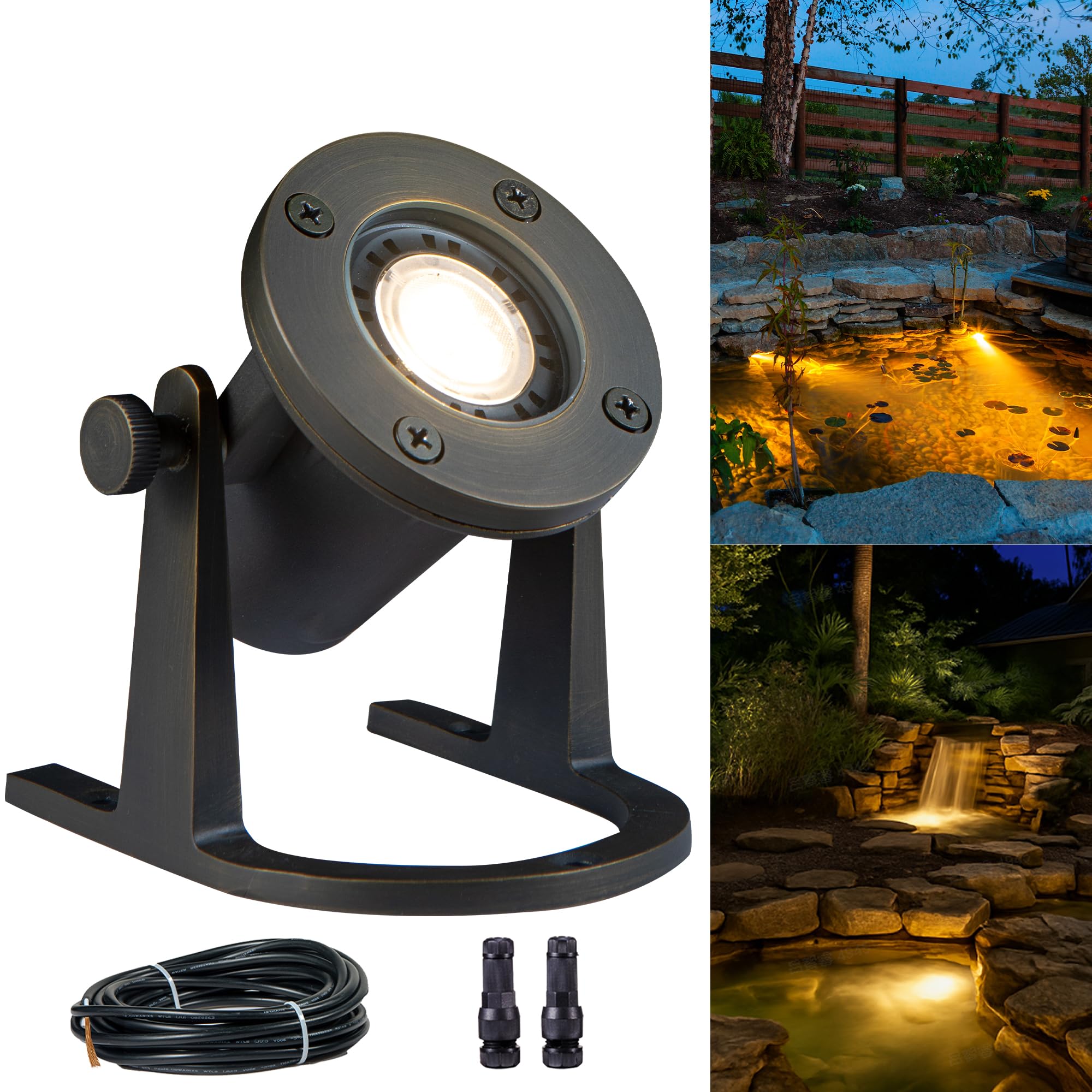 Gardenreet Brass Underwater Pond Light - 12V Low Voltage Fountain Lights Wired, IP68 Waterproof Submersible Pool Lighting LED, Adjustable Bronze for Outdoor Waterfall Water Area MR16 Bulb Not Included