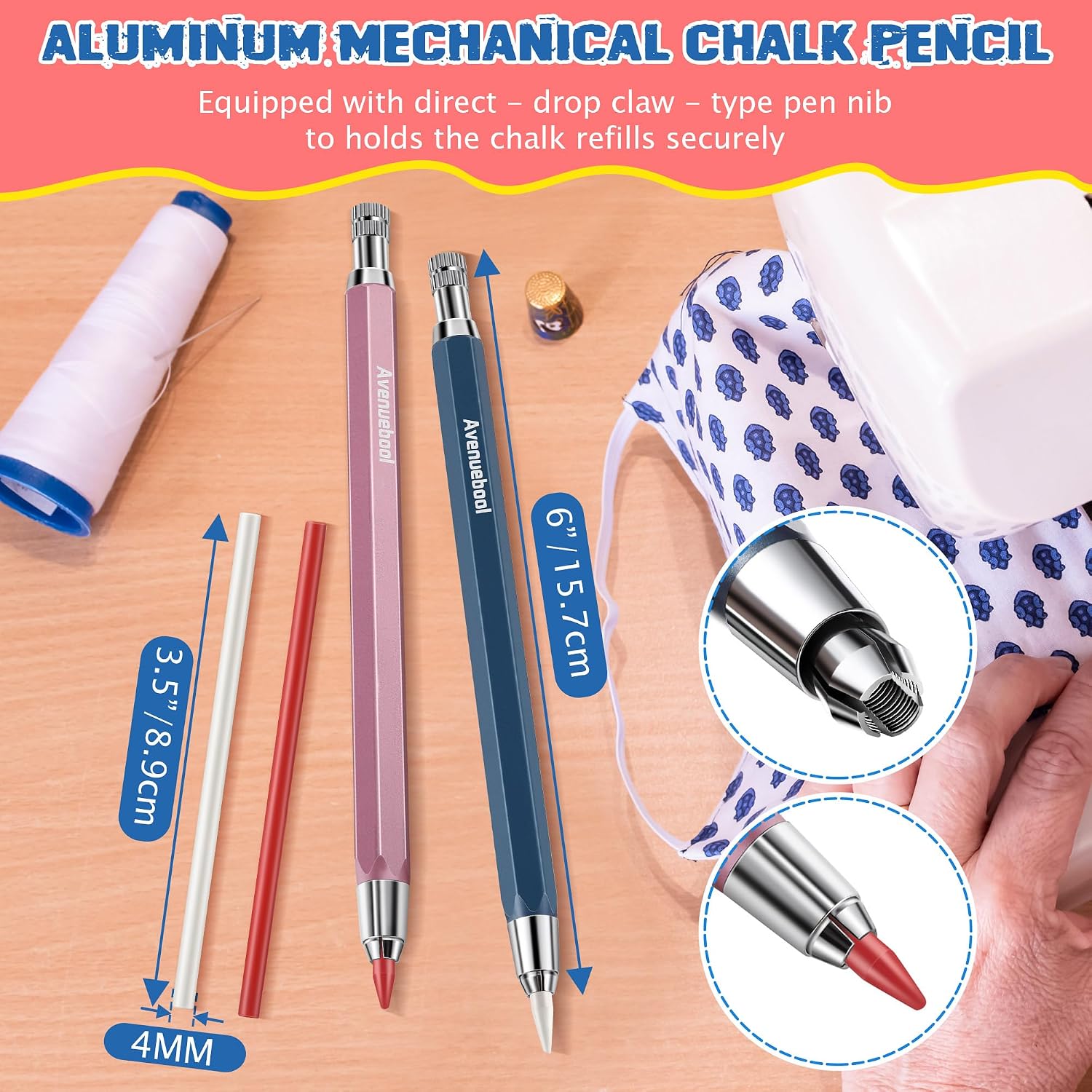 Avenuebool Sewing Chalk Markers for Fabric, Aluminum Chalk Pencil Refillable Cartridge Set, Marking Tool for Sewing with Sharpener and 12 Pcs 4mm Refills(Colorful)