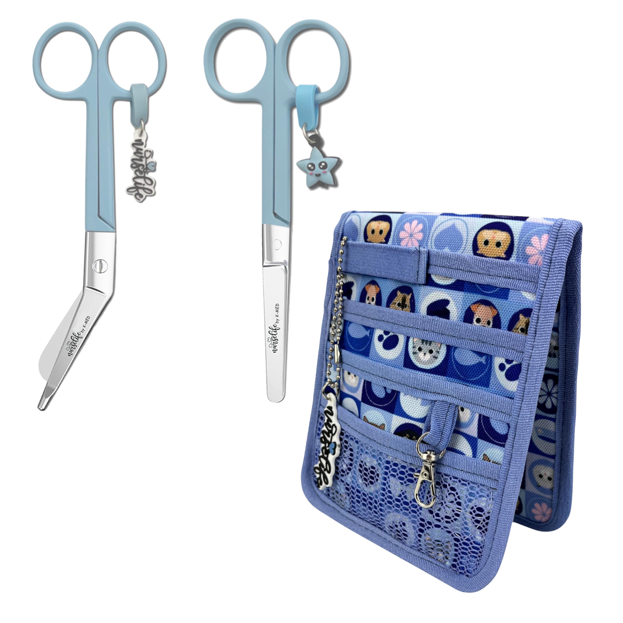 Nurse Life Pack MAXI2 | Tijeras Mayo y Pico Pato y organizador - Punta Roma | - I love it -, Punta Redonda | Enfermera Profesional, Primeros Auxilios, Vendaje. (Azul y Mosaico Mascotas)