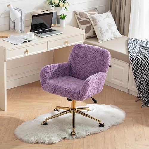 Miniatura 18 de SSLine Silla de escritorio de piel sintética, moderna y bonita silla de oficina, cómoda silla giratoria de tela de peluche mullida con ruedas