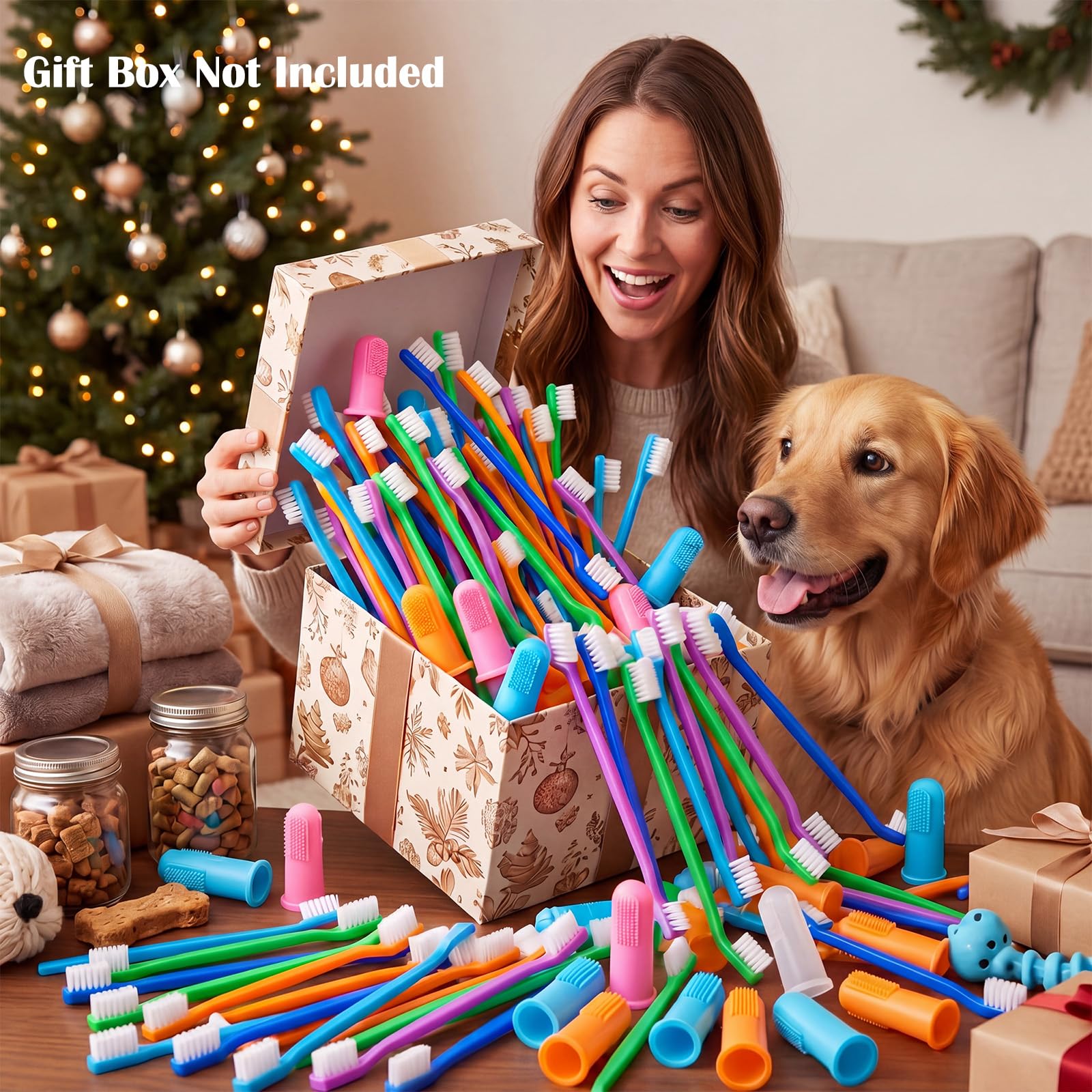 Lot de 200 brosses à dents pour chien en vrac, 100 brosses dentaires à double tête, 100 brosses à doigts à 360 degrés, nettoyage facile des dents pour animaux de compagnie, entretien doux