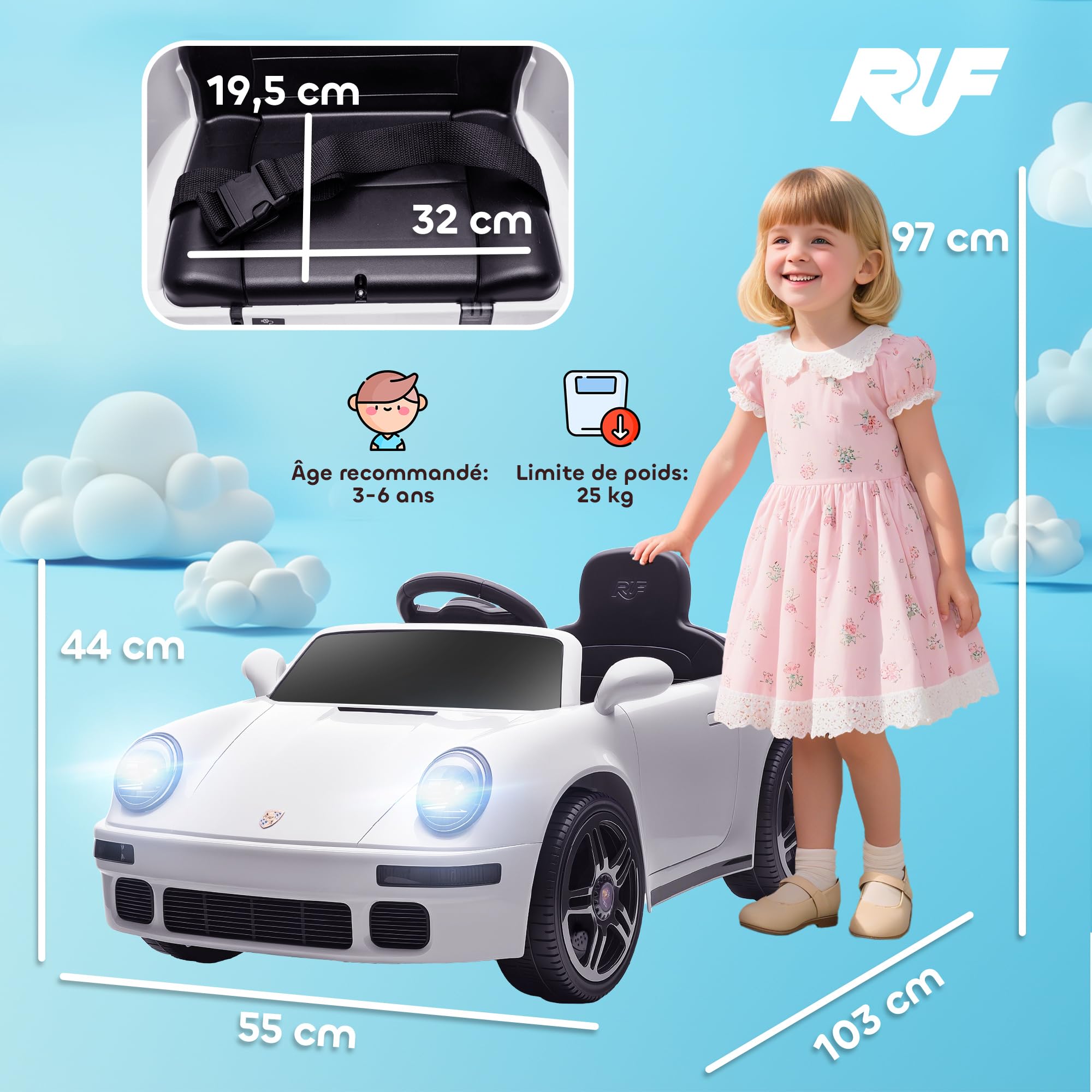 AIYAPLAY Voiture Électrique Enfants sous Licence RUF CTR 2017 12V Blanc | Véhicule Électrique, Télécommande 2,4G, Phares, Musique, Klaxon, Démarrage Lent, pour 3 à 6 Ans