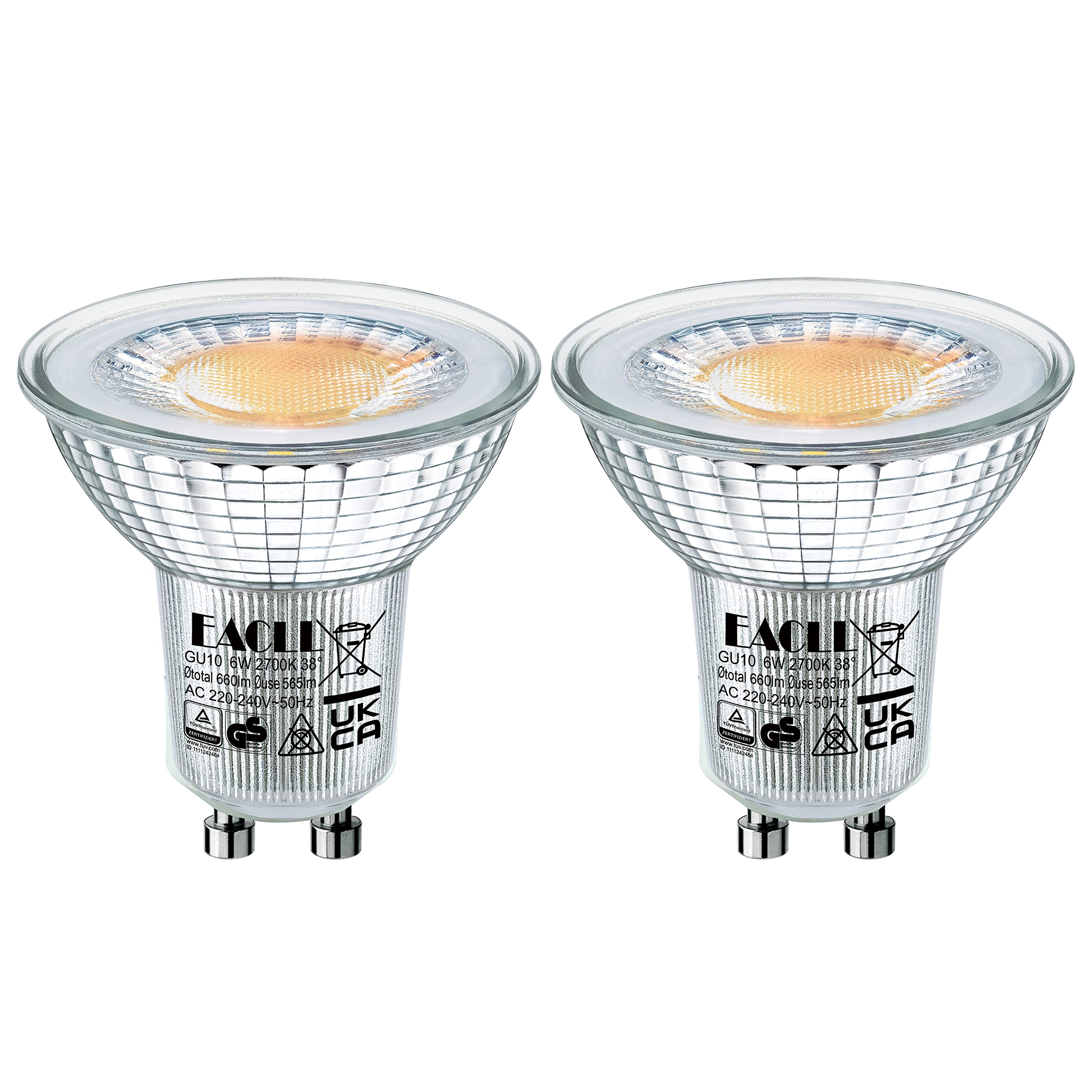 EACLL GU10 LED Warmweiss 6 Watt Ersetzt 75W Halogen Leuchtmittel, 2er-Pack, 565 Lumen 2700 Kelvin Birnen, AC 230V Flimmerfrei Strahler, Abstrahlwinkel 38 Grad Spot, Nicht Dimmbar Reflektor Lampen