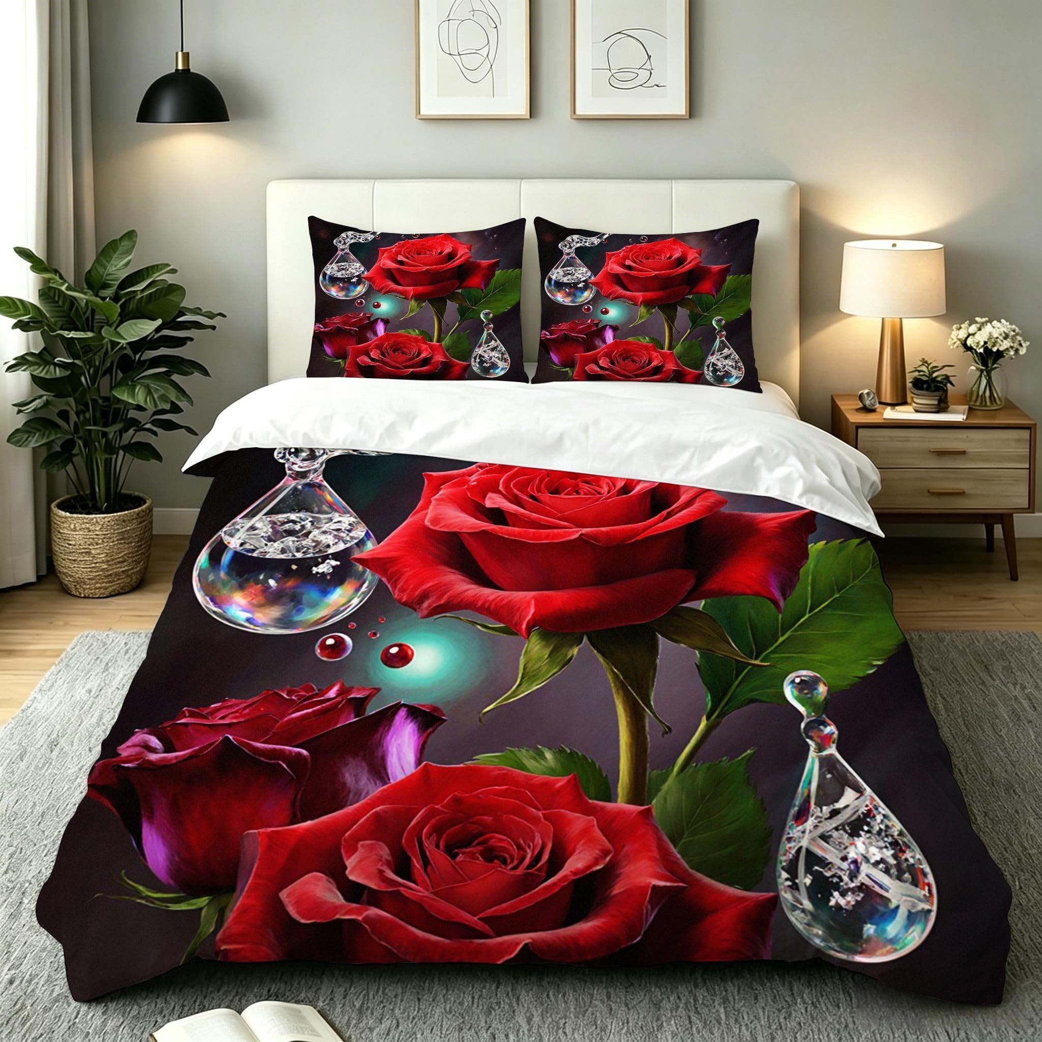 Housse de couette 220x240 zippée parure de lit rose rouge anti-plis pour lit double