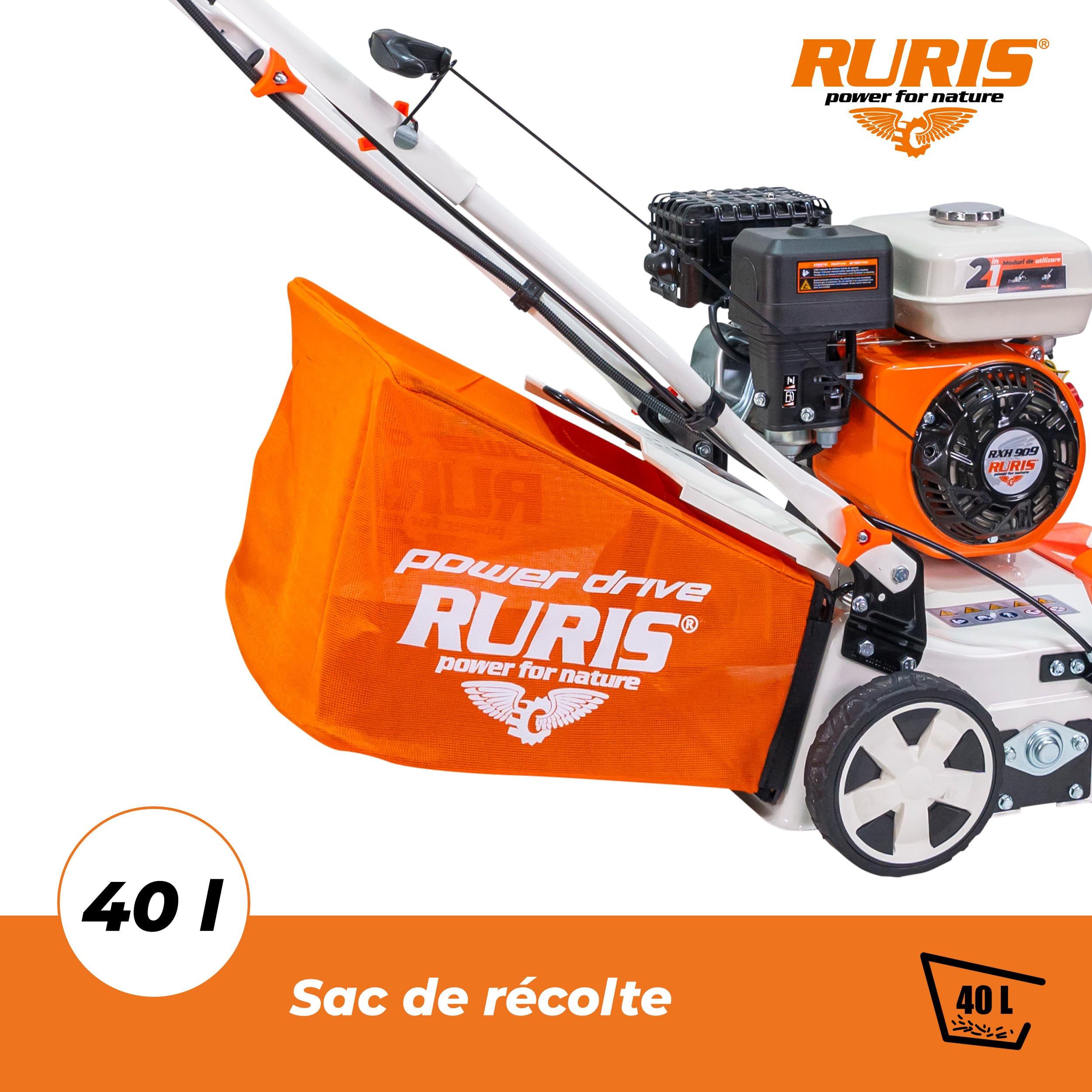 RURIS RXH909 Scarificateur Aerateur Thermique 212 cc 5,5 CV Bac 40 L | 4 Temps Moteur 212 cc 5.5 CV 3400 tr/min Largeur 400 mm Bac 40 L Cuve 3.6 L Carter en Fer