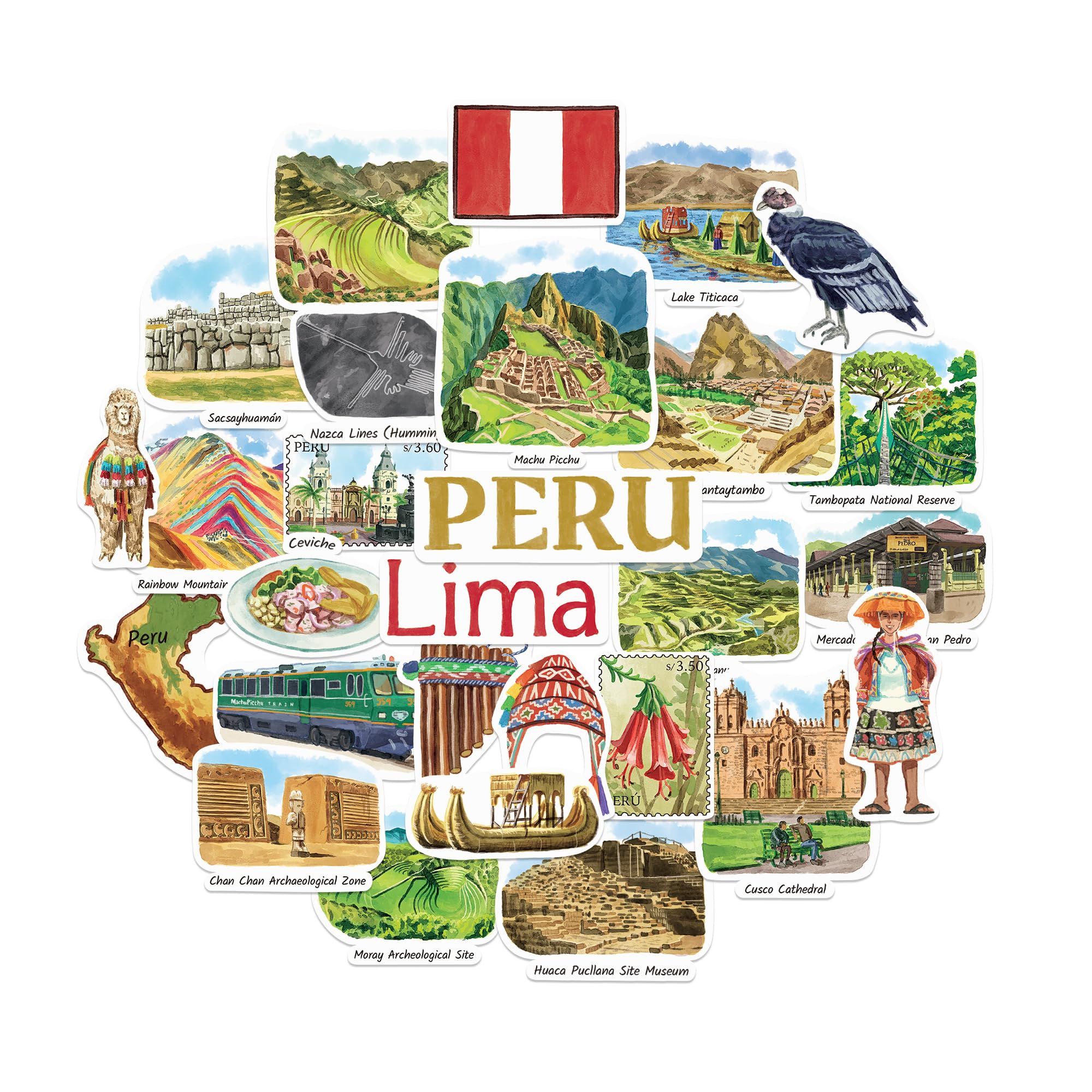Navy Peony Sacred Peru Travel Stickers (28pcs) - Watercolor, Machu Pichu, Lima, Peruvian-Themed Decals for Journals, Scrapbooks, Luggage