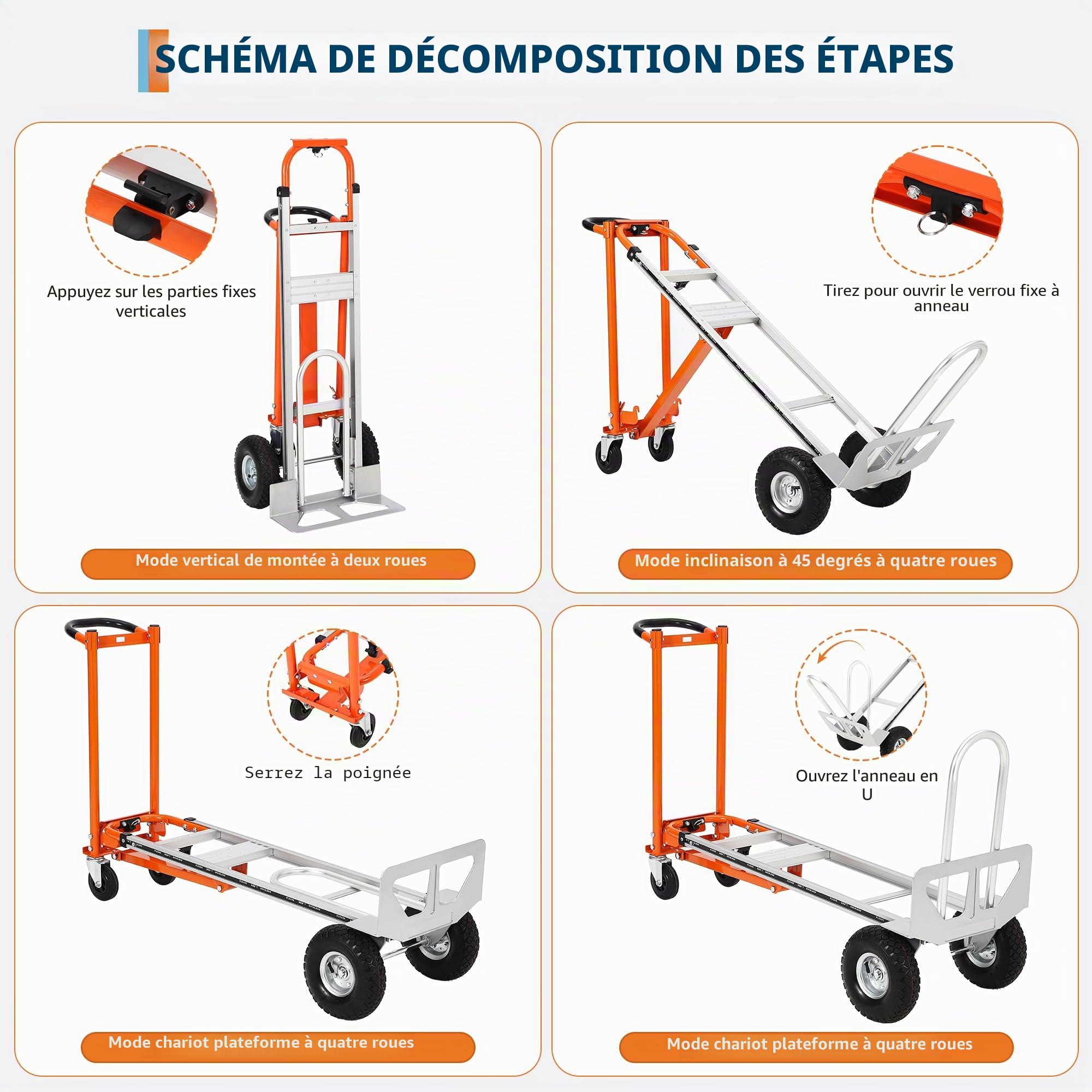 Garvee Diable Pliable Et Chariot Pliable 3 en 1, Capacité 350 Kg, Chariot De Manutention avec Roues Solides, Sangles Élastiques, Chariot De Transport pour Entrepôt Marchandises