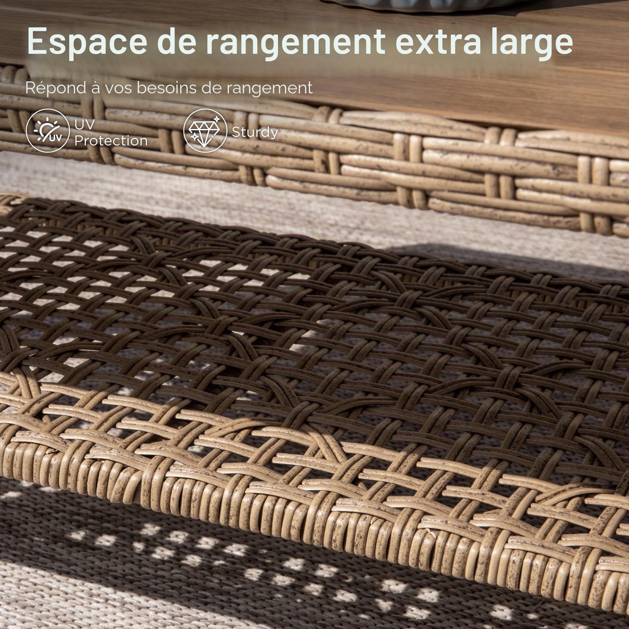 PHI VILLA Ensemble de meubles de jardin de balcon 3 pièces en rotin avec 1 méridienne, 1 canapé 2 places et 1 petite table basse, 4 personnes, meubles de terrasse d'extérieur