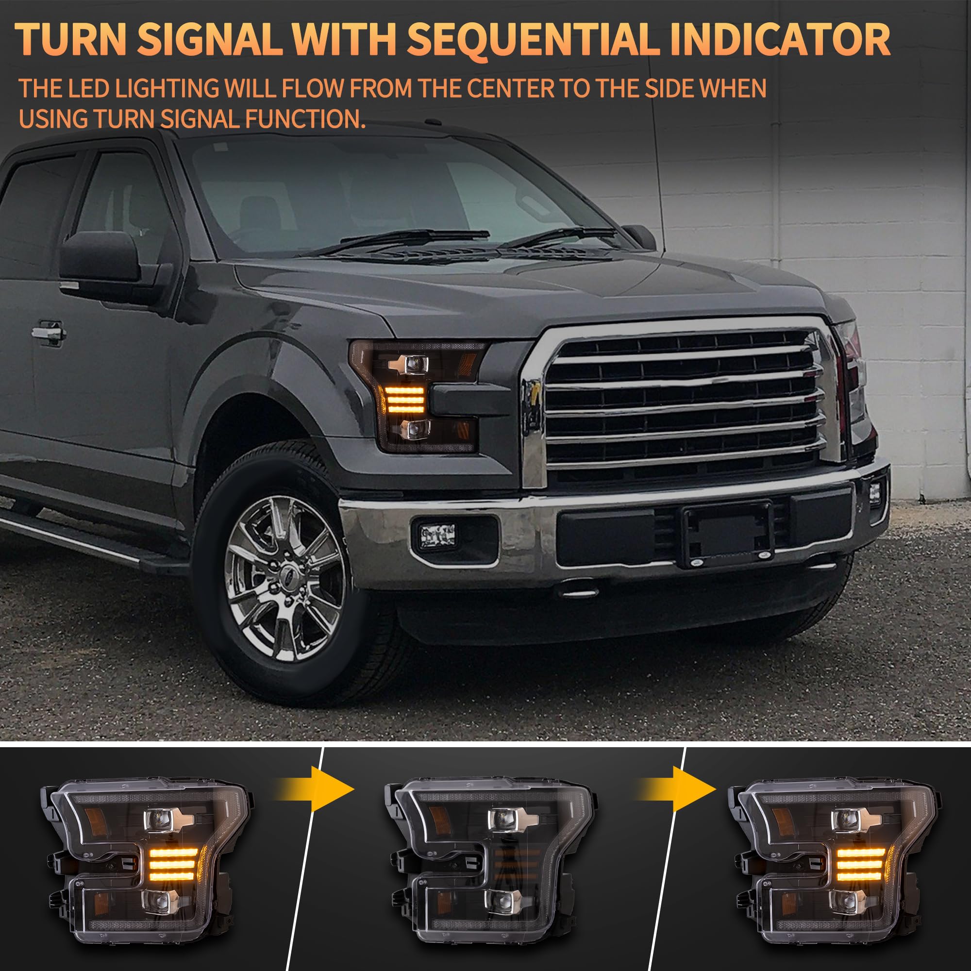 Reflektor LED do F150 2015 2016 2017 Halogen XL, XLT, Lariat, King Ranch, Platinum, Limited, Raptor [nie do oryginalnych diod LED], DRL z wyświetlaczem dynamicznym, żółte światła do jazdy