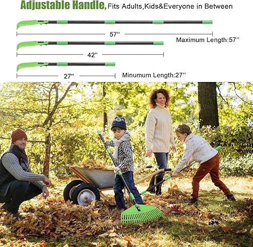 Miniatura 6 de Rastrillo de hojas resistente para césped, rastrillo de plástico grande de 16.5 pulgadas para hojas con púas reforzadas, herramienta de mango largo