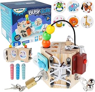 HJKLDBI Busy Activity Cube for Kids Montessori Educational Toy Set Baby Travel Toy Activity Busy Boards for Develop Fine Motor Skills Toddlers Early Development Wooden Sensory Activity Cube Toy
