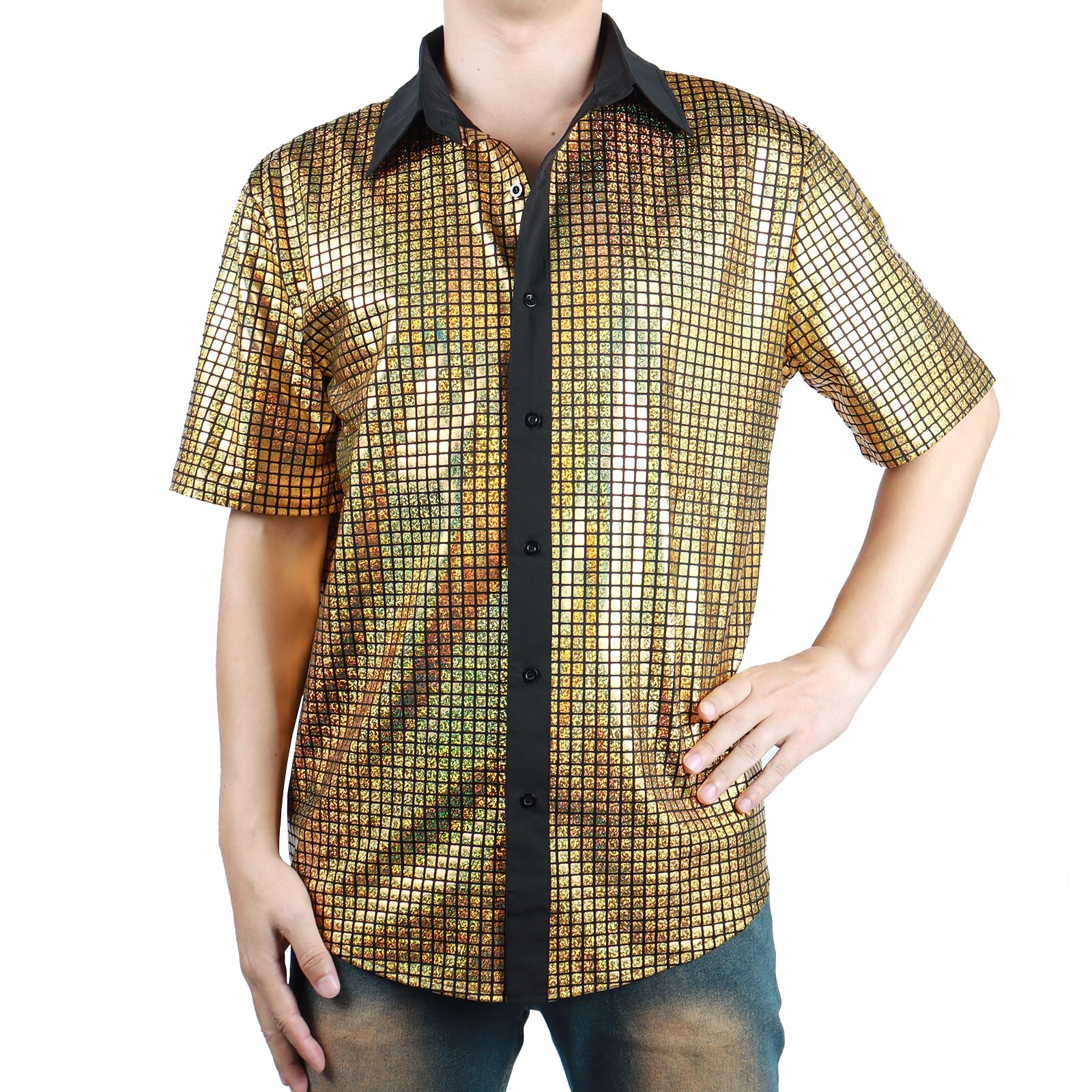 Mens Sequin Shirt 70s Disco Shirt Short Sleeve Turndown Sparkle Sequins Polo Shirts Button Down Metallic Top