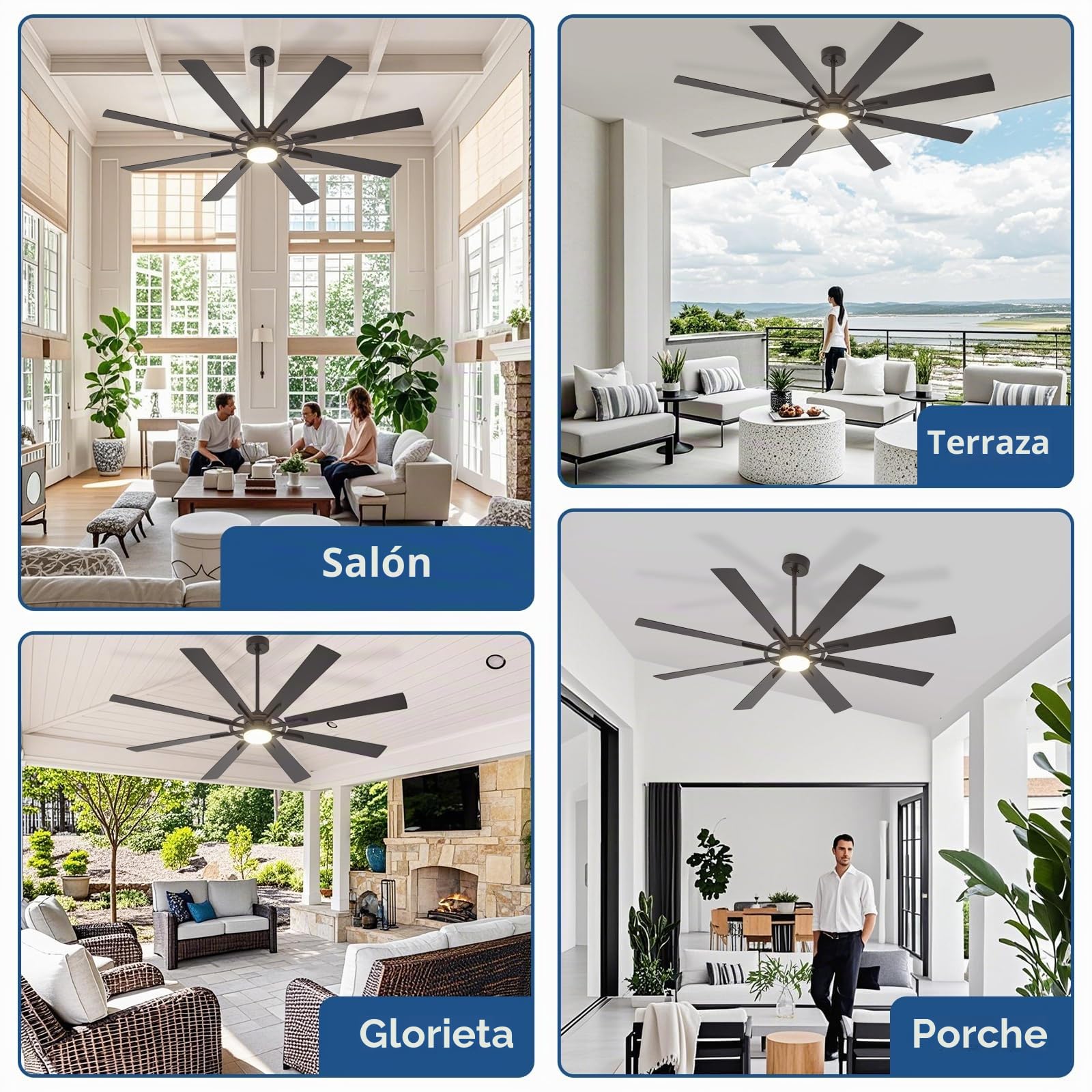 Depuley Ventiladores de techo grandes con luz: Ventilador de techo moderno de 72 pulgadas y 8 aspas para exteriores con mando a distancia - Luz regulable para ventilador grande negro