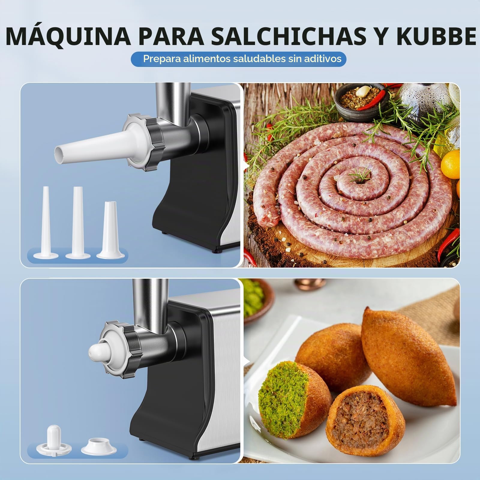 Picadora de carne eléctrica de 2800 W con 3 cuchillas, 3 placas de picado, inversión automática y 3 ajustes de tamaño, para picar carne, hacer salchichas y kibbe, para uso doméstico