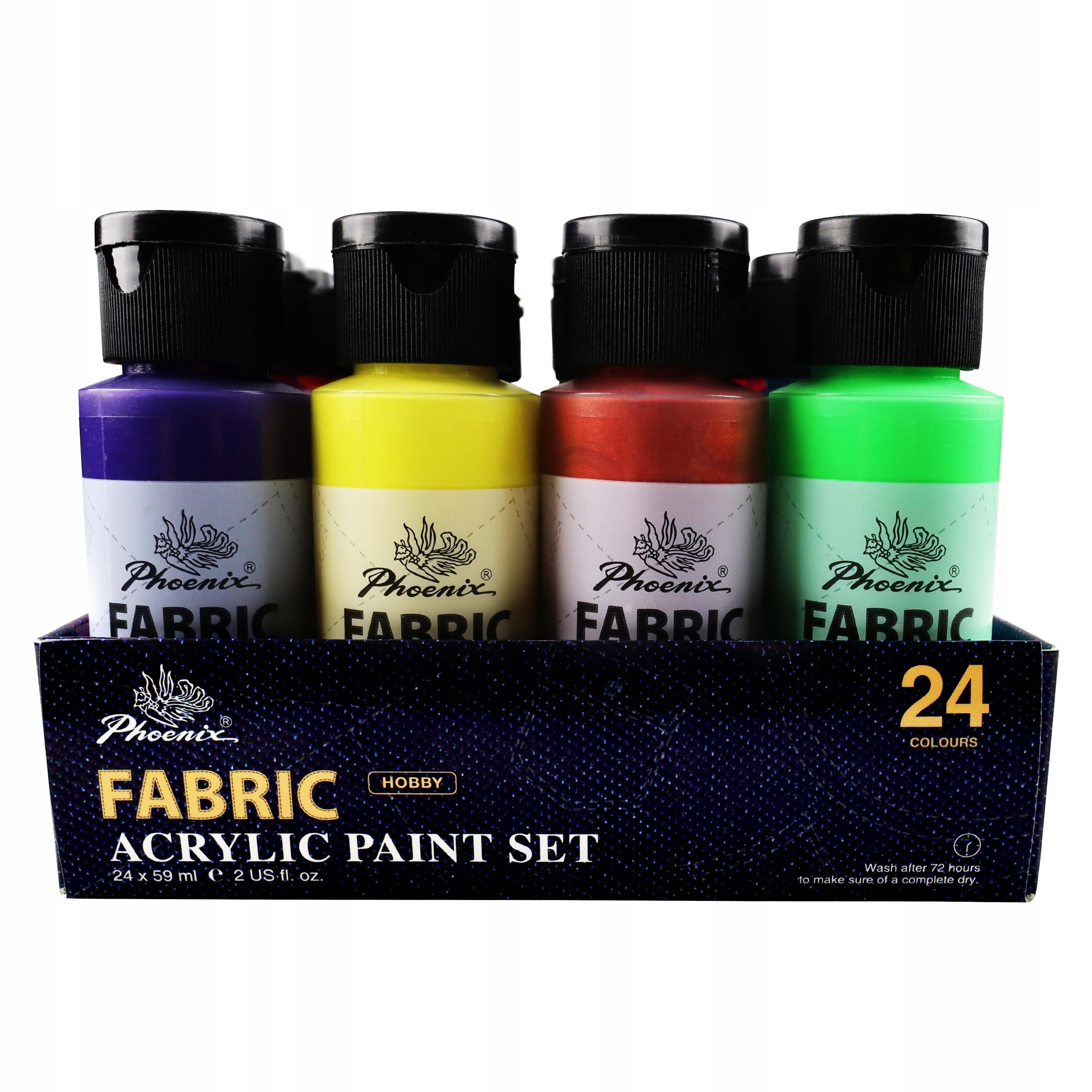 Phoenix Textilfarben Set 24x59 ml, Stofffarbe für helle & dunkle Stoffe (inkl. Neon, Metallic, Perlmutt), Waschfeste Farben für Kleidung, T-Shirts & DIY, Stoffmalfarben ohne Fixieren