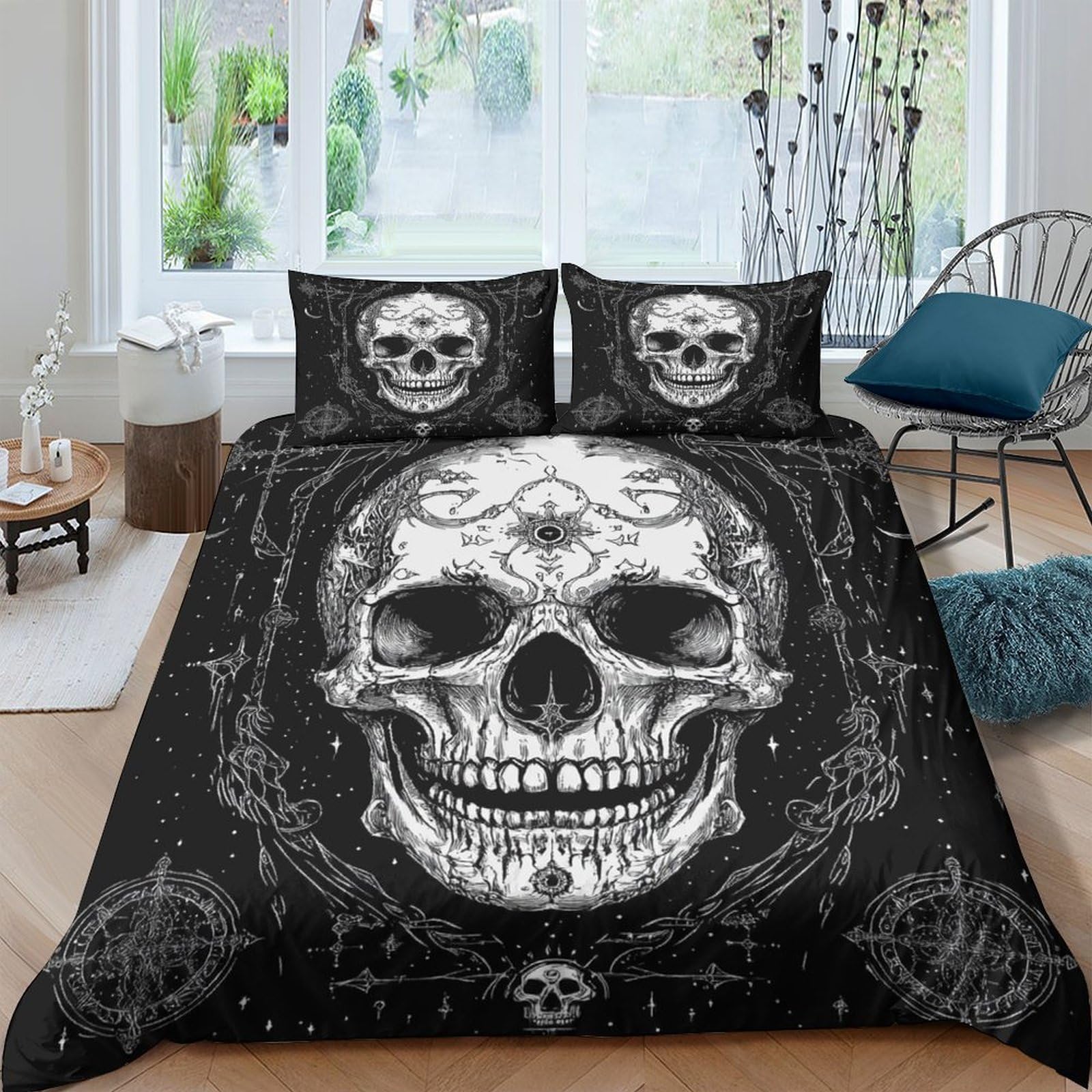 GPLZQXKJNH 3D Printed Skull Duvet Cover Microfiber Black Gothic Skeleton Bedding Set with 2 Pillowcases for Bedroom Decor, Single（135x200cm）