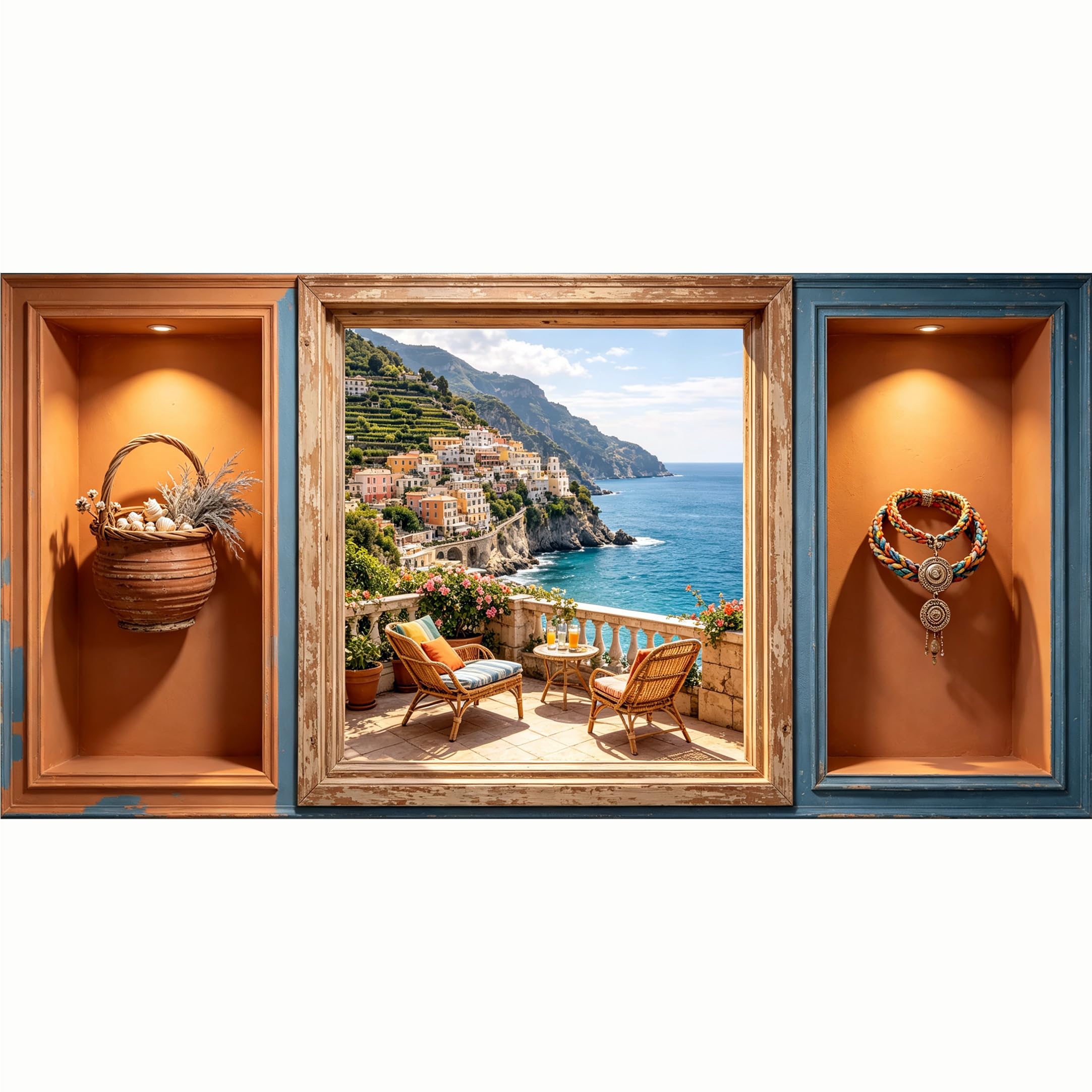 QZLITHOTIC 50x100cm 3D Framed Wall Art， Mediterranean Coastal Landscape Terrace Self‑Adhesive Mural， Water‑Activated Peel & Stick Fabric Decor Wall Decal for Bedroom Living Room