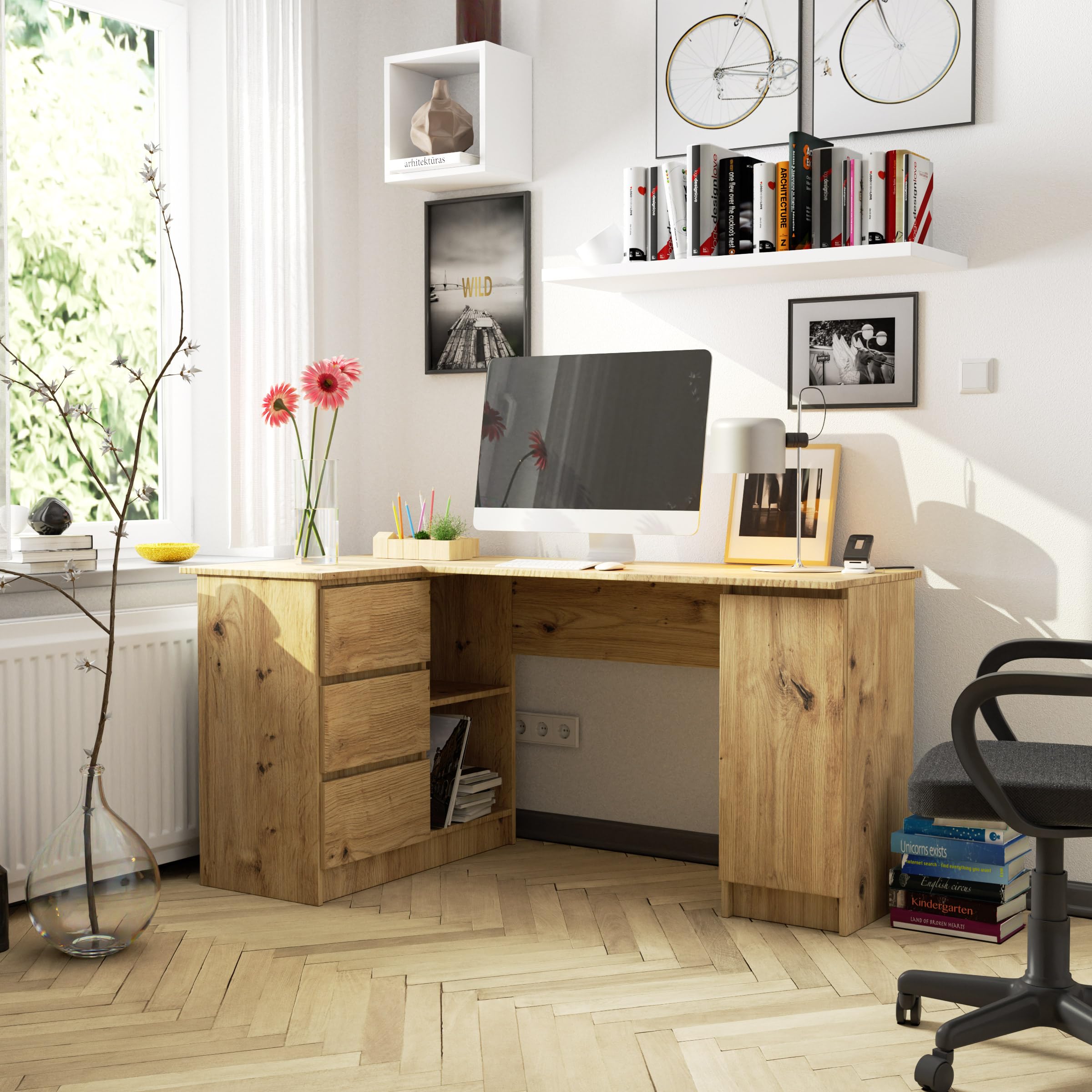 BDW Scrivania Ad Angolo Sinistra 155x77x99 Cm: Rovere Artigianale, 3 Cassetti E 4 Ripiani, Per Ufficio E Cameretta - 6