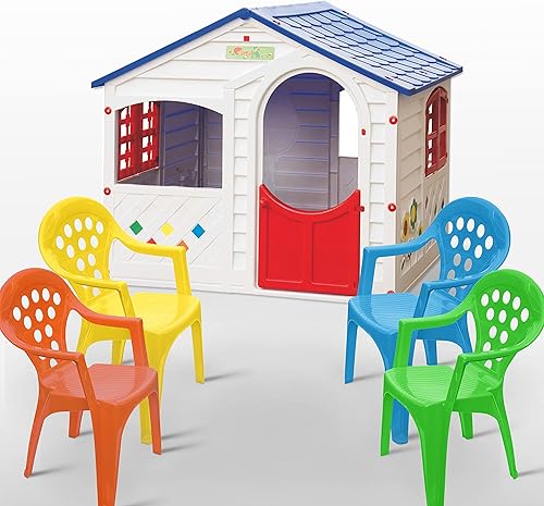 Casa Mia Colorida casa de juegos y 4 sillas apilables – Casa de 3 pies 9 pulgadas de alto – Puertas, ventanas, nunca se oxidan – Plástico polipuro