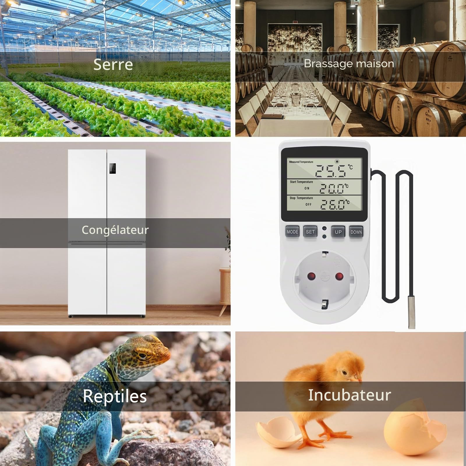 KETOTEK Prise Thermostat Regulateur de Temperature Numerique 220V Chauffage Refroidissement avec Sonde, LCD Prise Contrôleur de Température pour Frigo Incubateur Serre Ventilateur