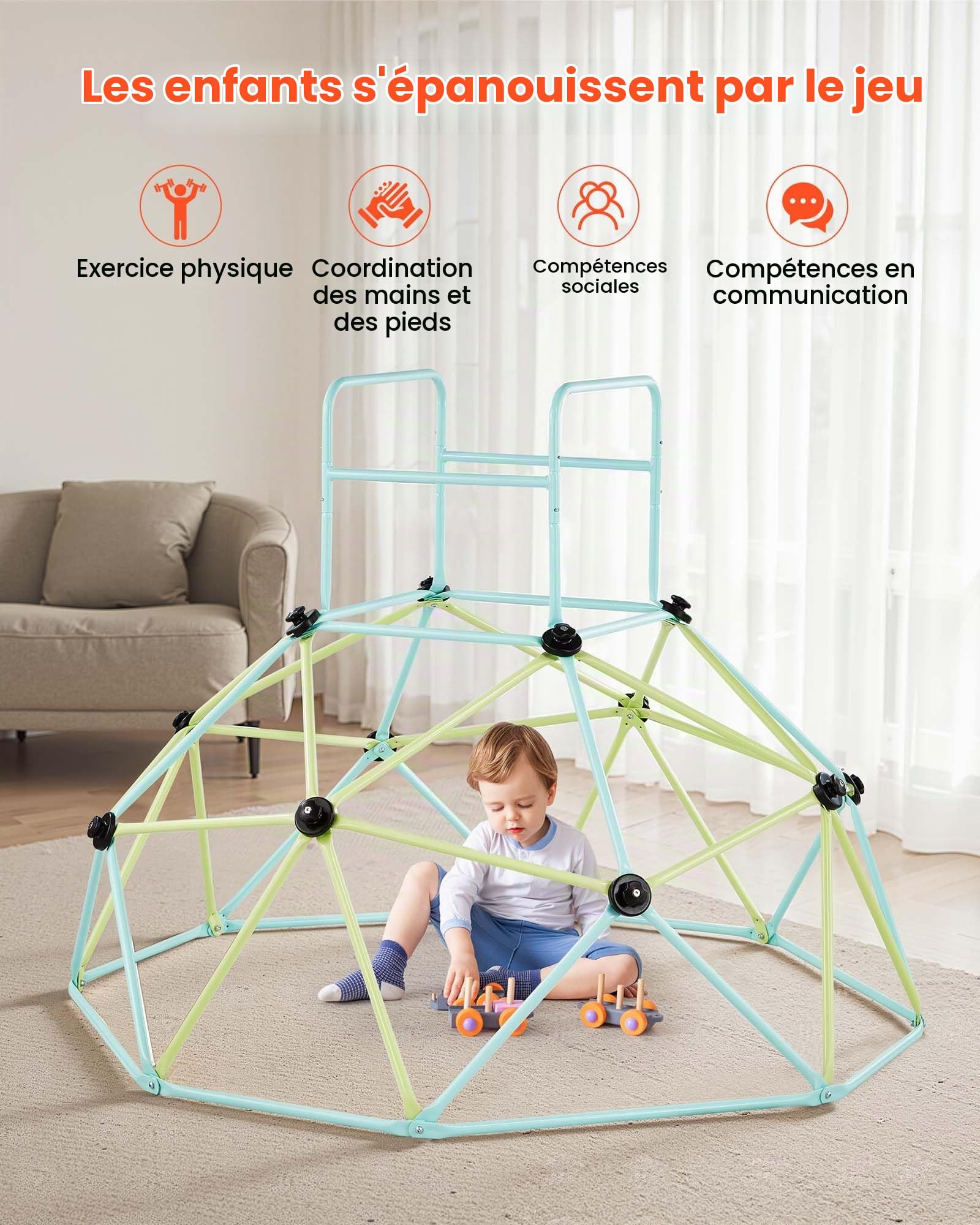VEVOR Dôme d'escalade Géométrique 183 cm, Cage à Grimper avec Grande Capacité de Charge de 270 kg, Cage à Écureuil Solide, Aire de Jeux Extérieur et Intérieur, pour Garçons et Filles 3-10 Ans